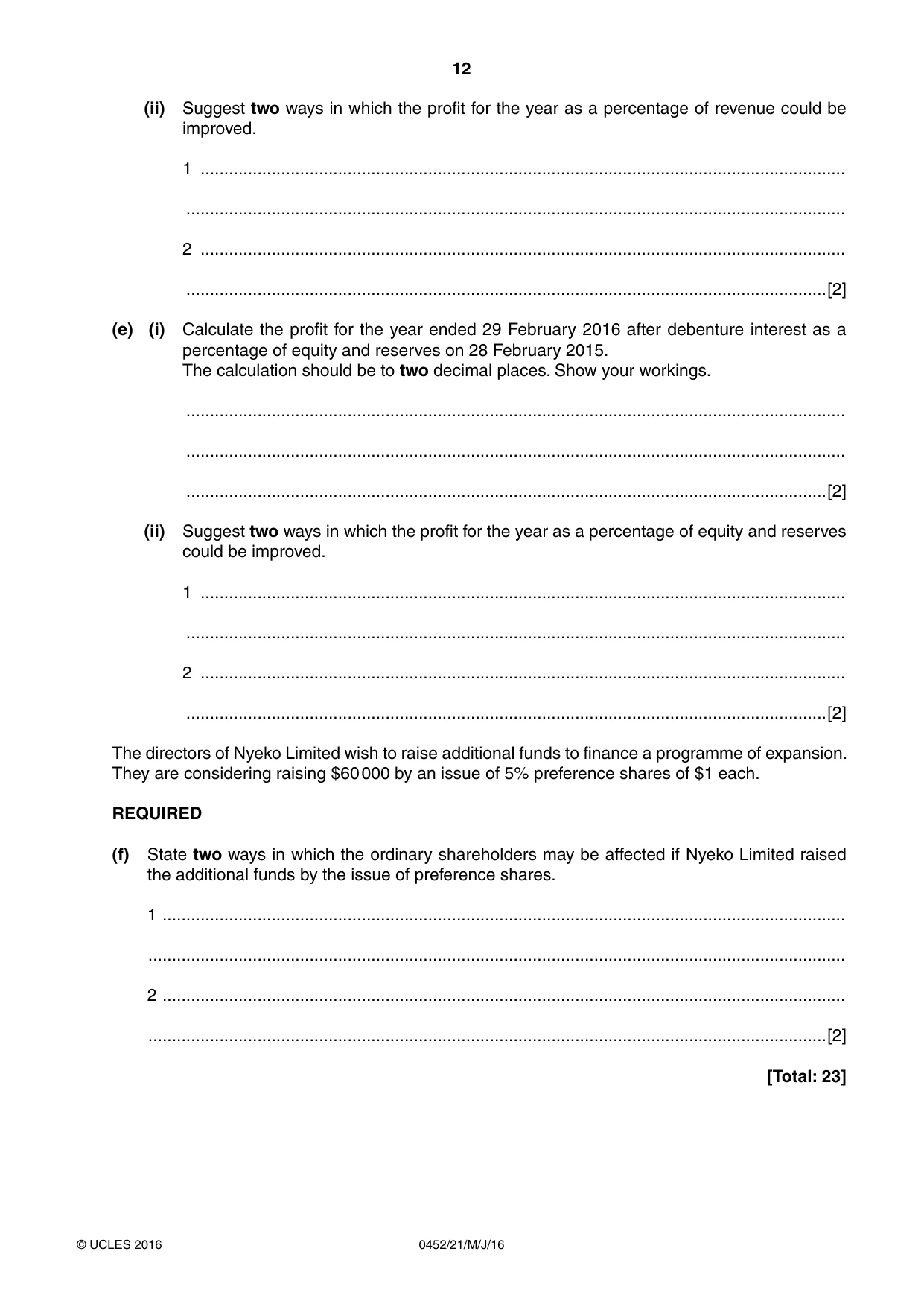 Cambridge IGCSE Accounting 0452 2016 May/June Paper 2 · Variant 1 question paper, page 12 of 20