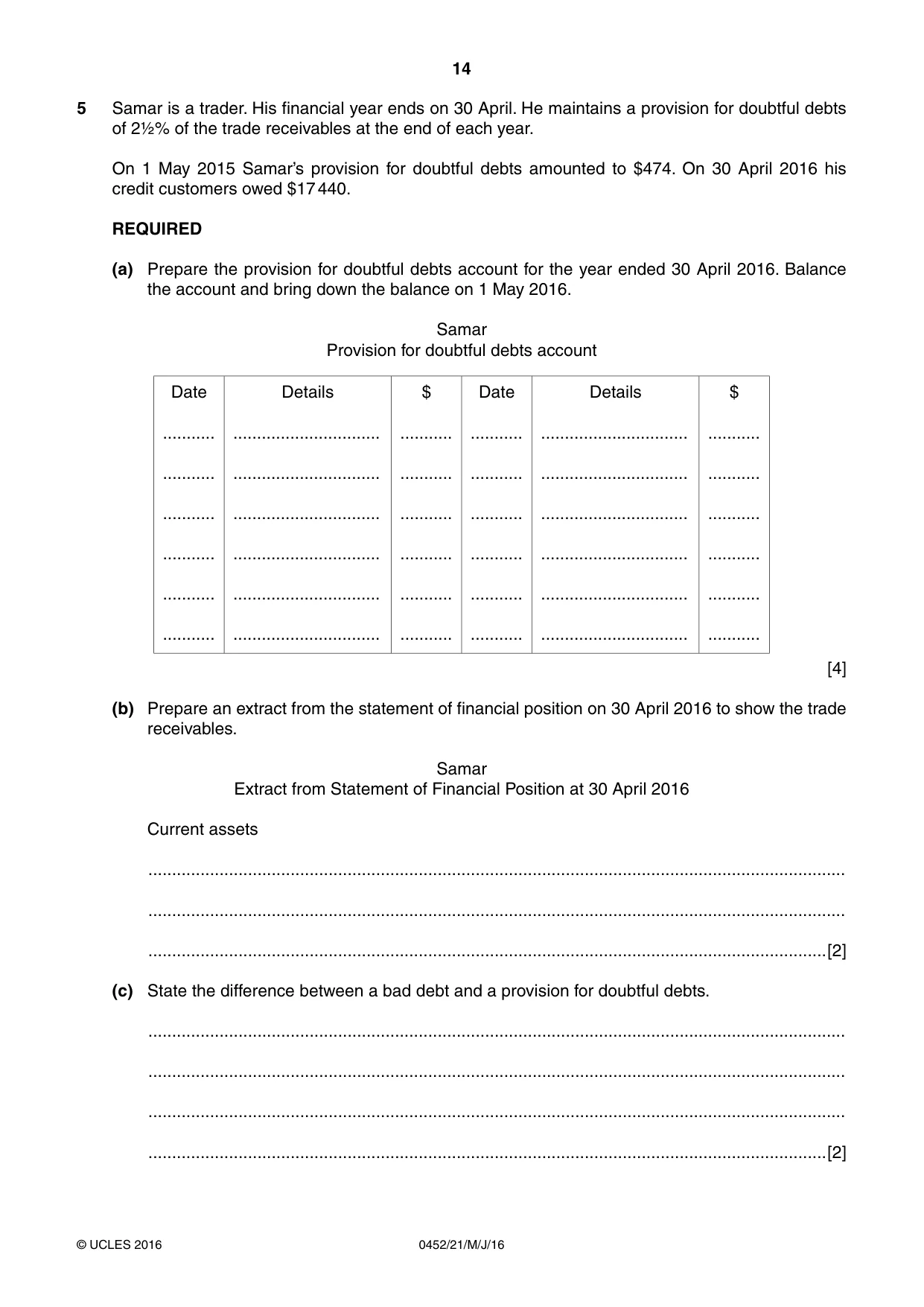 Cambridge IGCSE Accounting 0452 2016 May/June Paper 2 · Variant 1 question paper, page 14 of 20