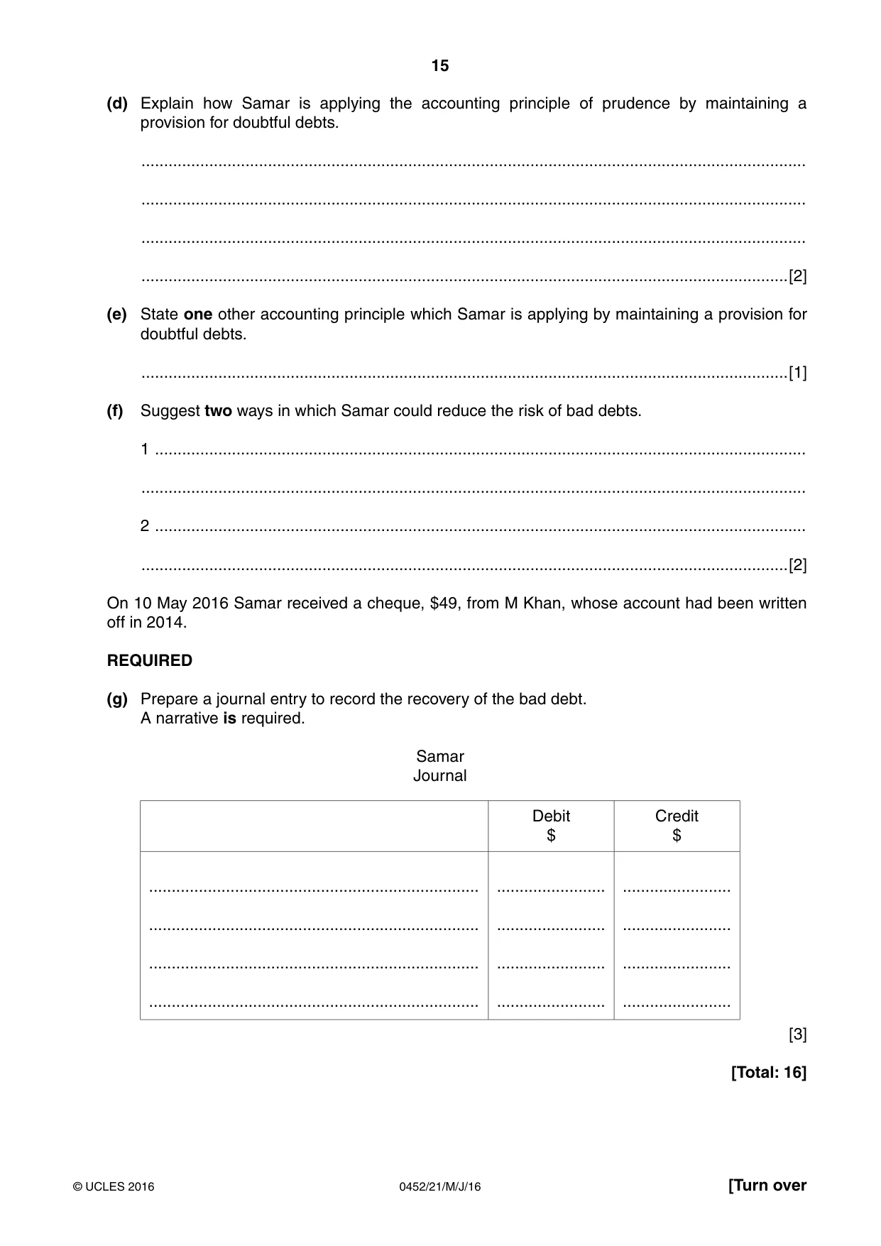 Cambridge IGCSE Accounting 0452 2016 May/June Paper 2 · Variant 1 question paper, page 15 of 20