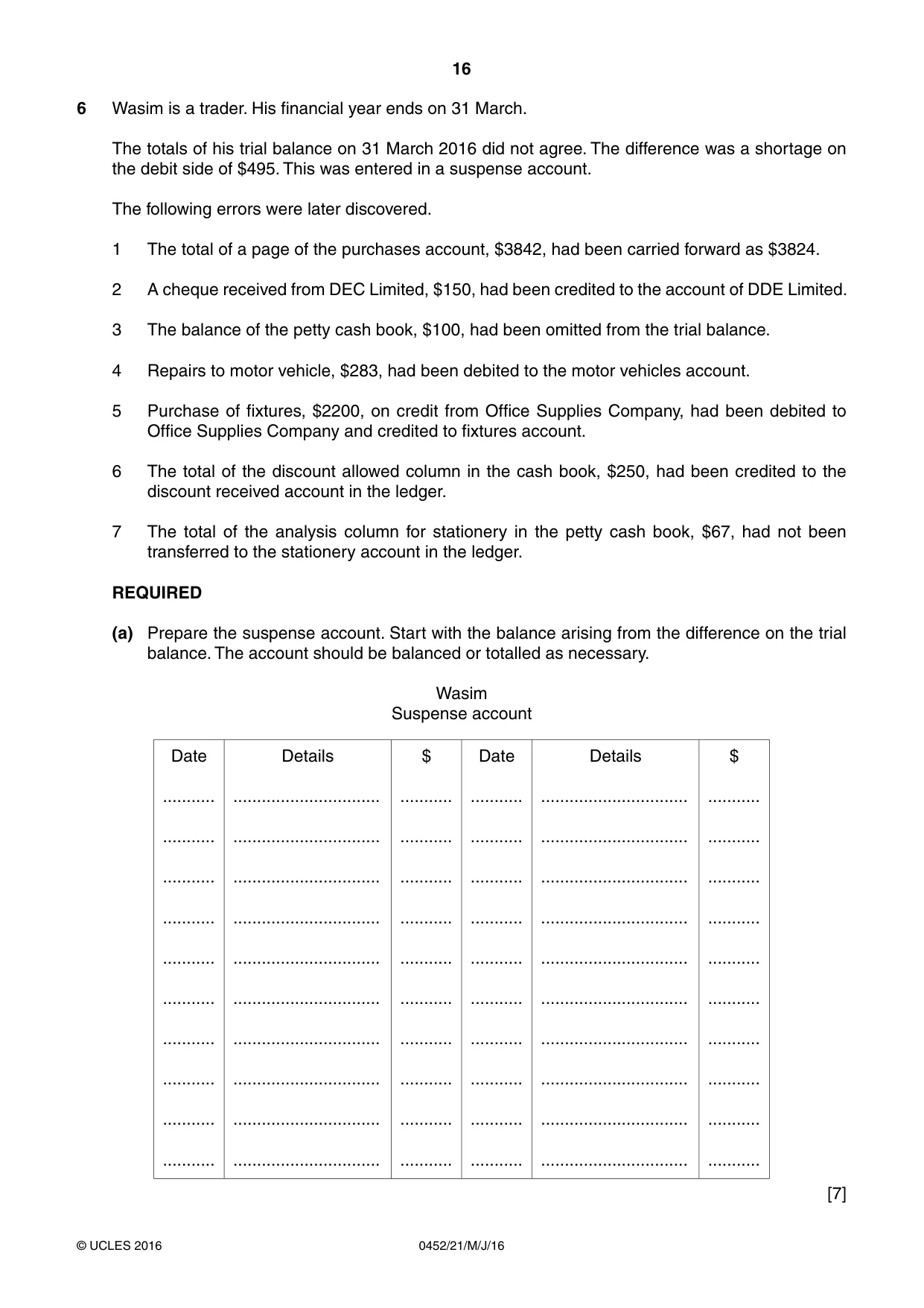 Cambridge IGCSE Accounting 0452 2016 May/June Paper 2 · Variant 1 question paper, page 16 of 20