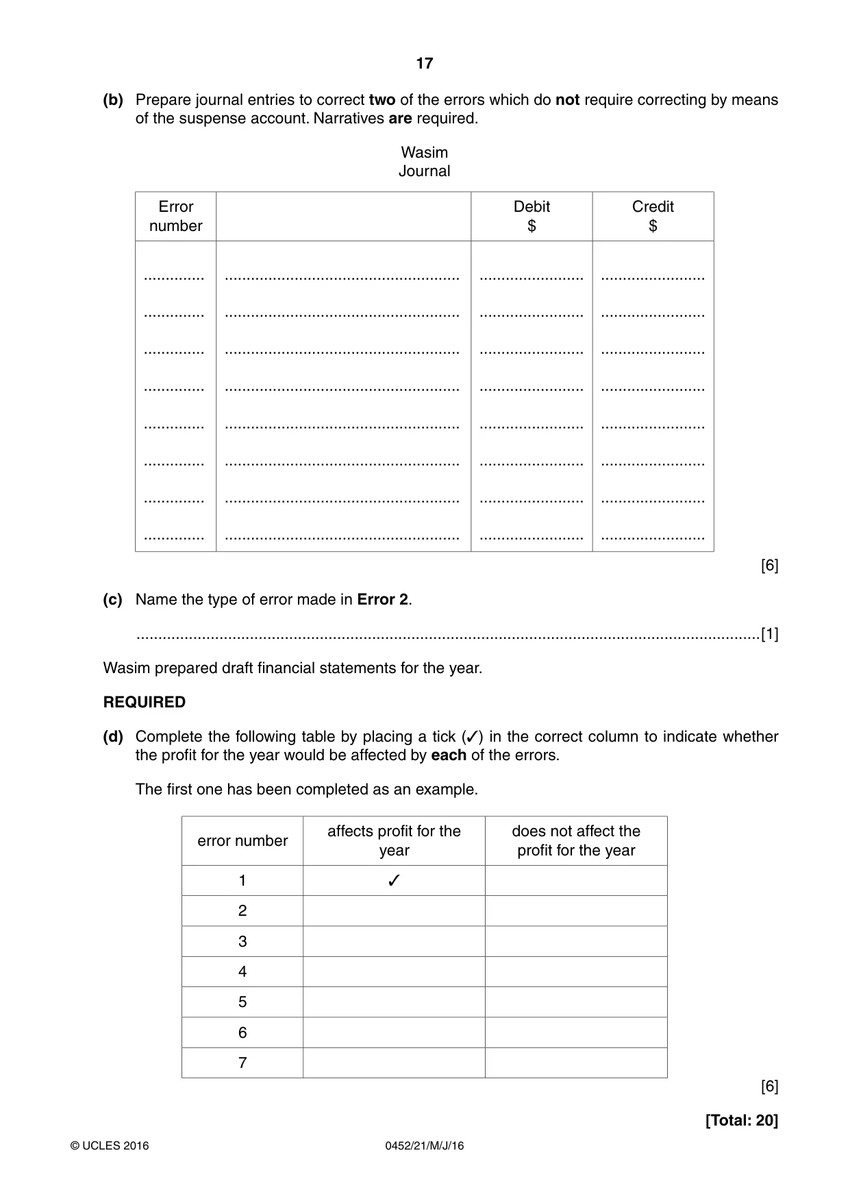 Cambridge IGCSE Accounting 0452 2016 May/June Paper 2 · Variant 1 question paper, page 17 of 20