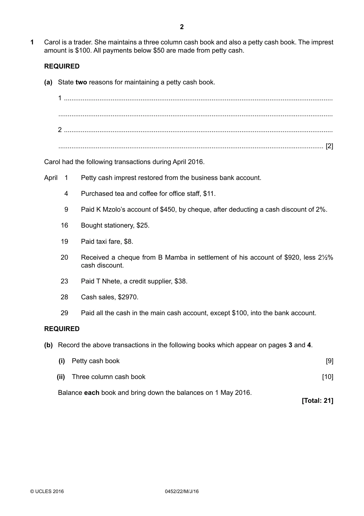 Cambridge IGCSE Accounting 0452 2016 May/June Paper 2 · Variant 2 question paper, page 2 of 20