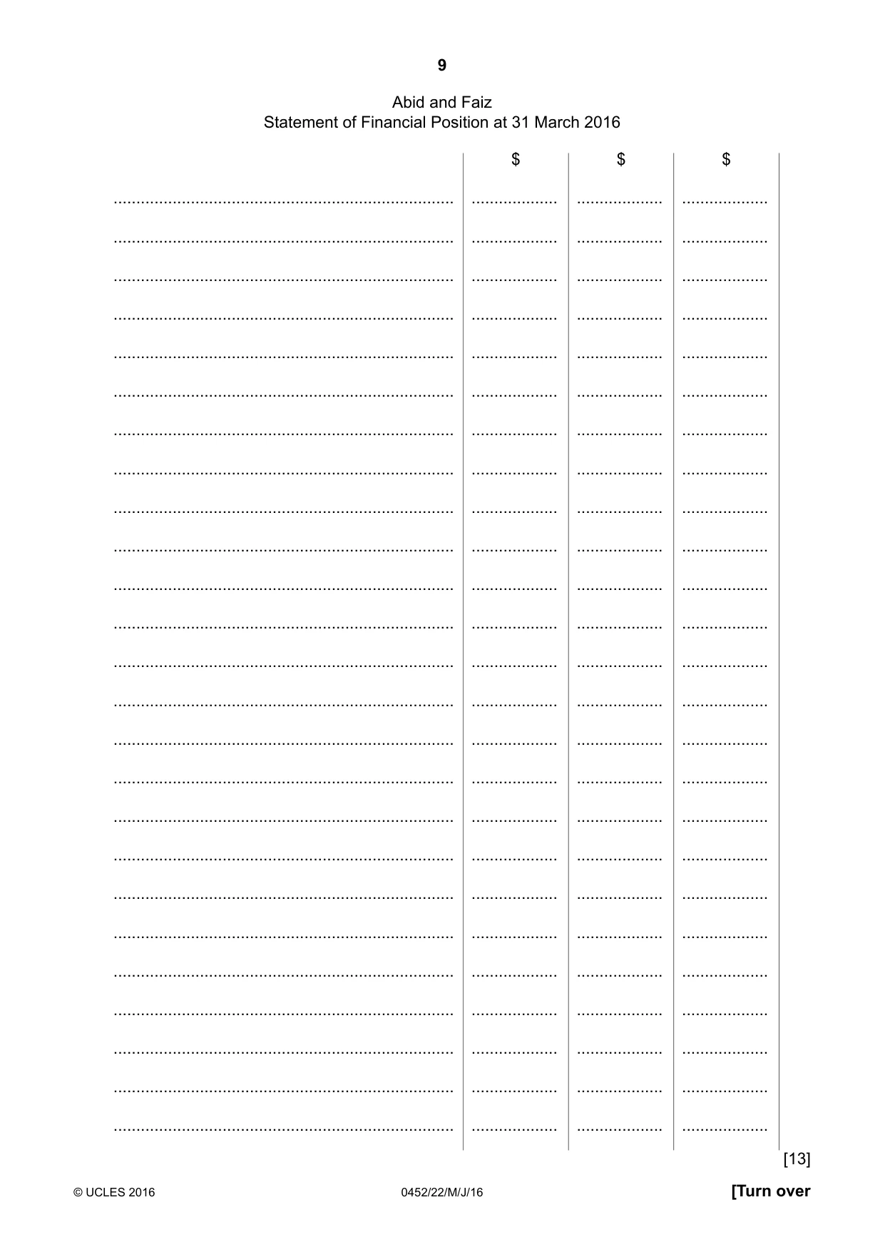 Cambridge IGCSE Accounting 0452 2016 May/June Paper 2 · Variant 2 question paper, page 9 of 20