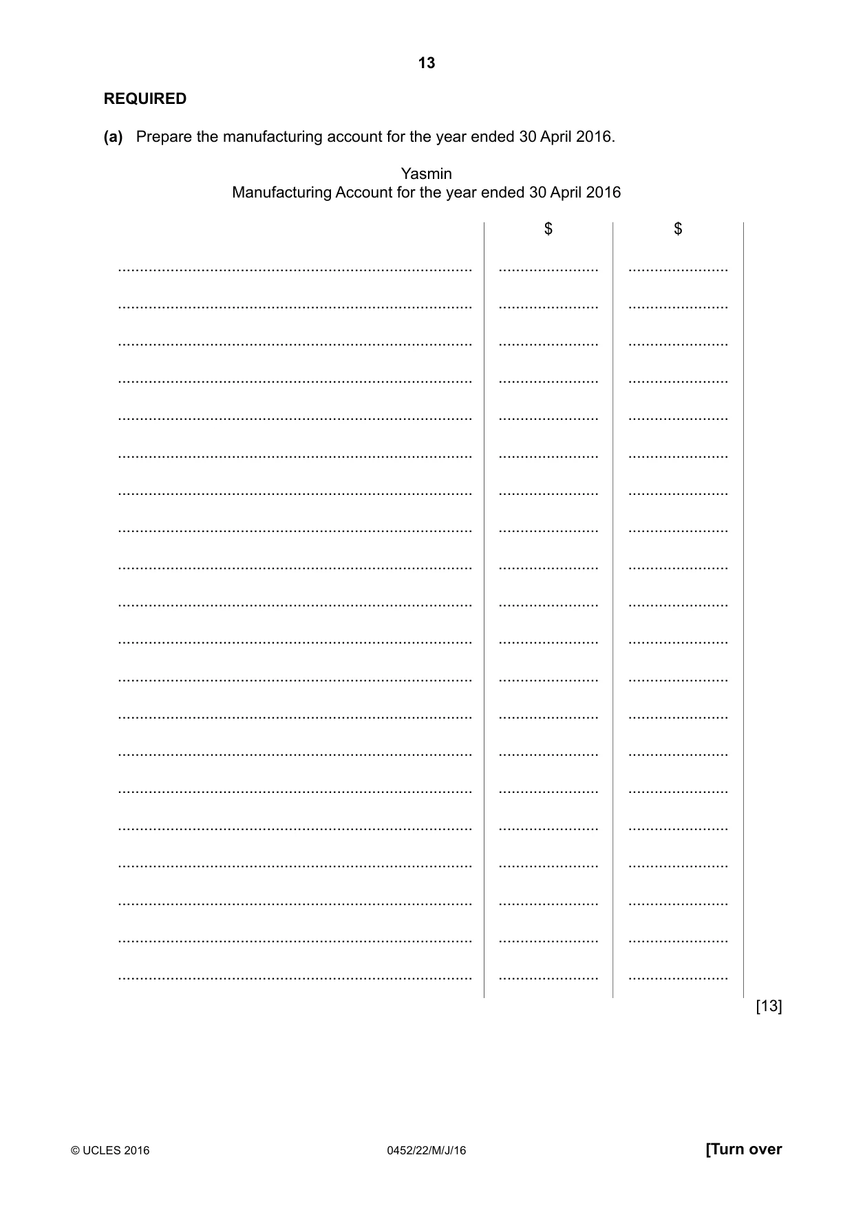 Cambridge IGCSE Accounting 0452 2016 May/June Paper 2 · Variant 2 question paper, page 13 of 20