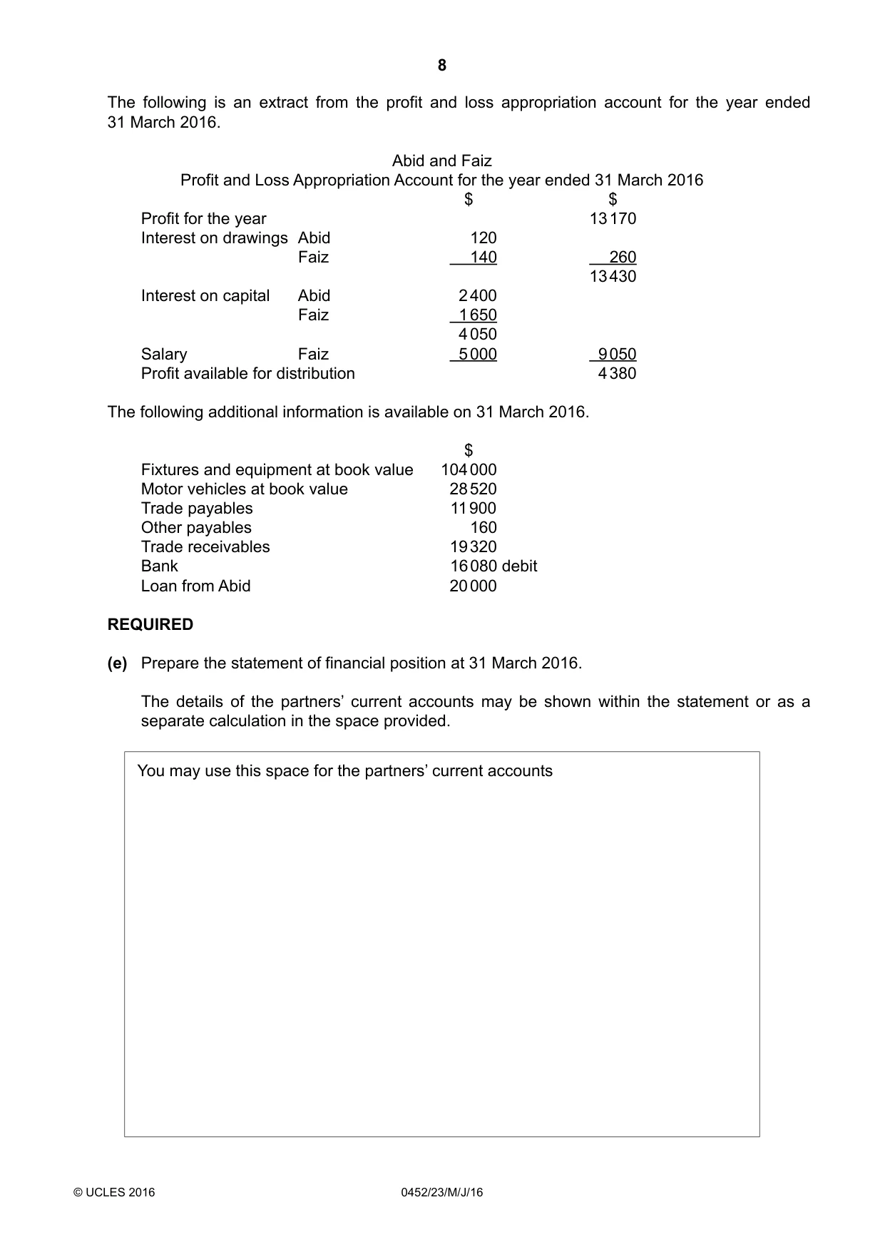 Cambridge IGCSE Accounting 0452 2016 May/June Paper 2 · Variant 3 question paper, page 8 of 20