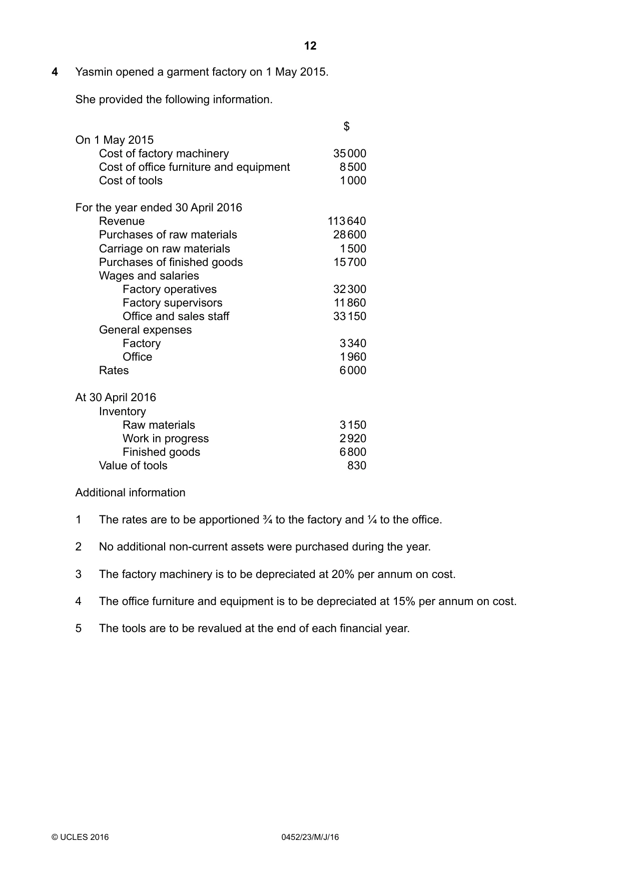 Cambridge IGCSE Accounting 0452 2016 May/June Paper 2 · Variant 3 question paper, page 12 of 20