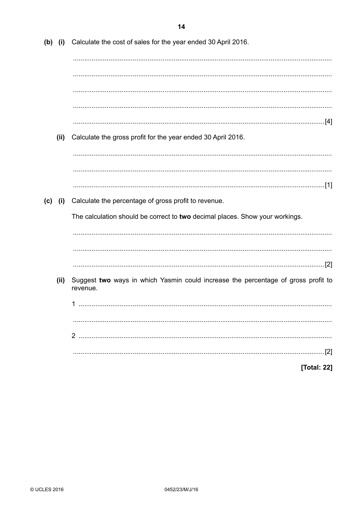 Cambridge IGCSE Accounting 0452 2016 May/June Paper 2 · Variant 3 question paper, page 14 of 20