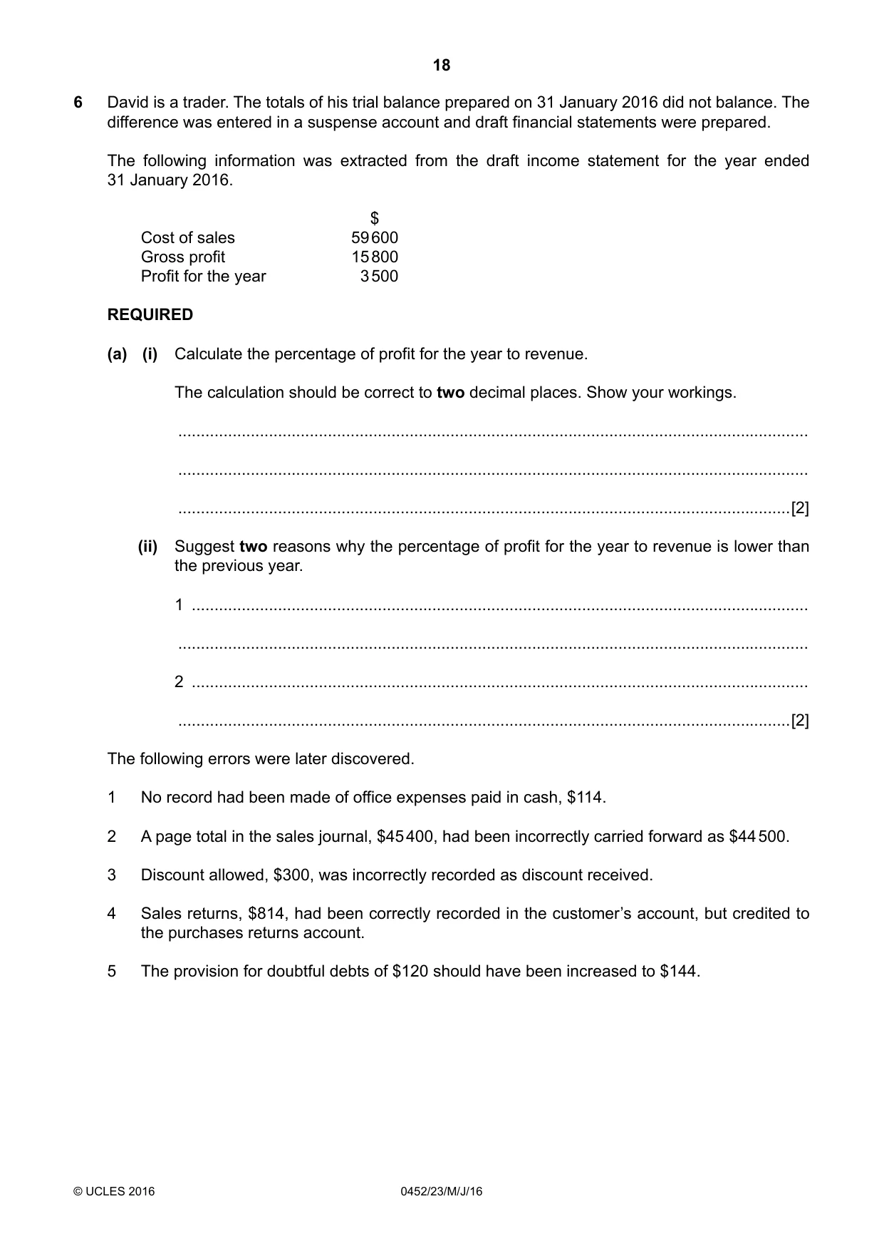 Cambridge IGCSE Accounting 0452 2016 May/June Paper 2 · Variant 3 question paper, page 18 of 20