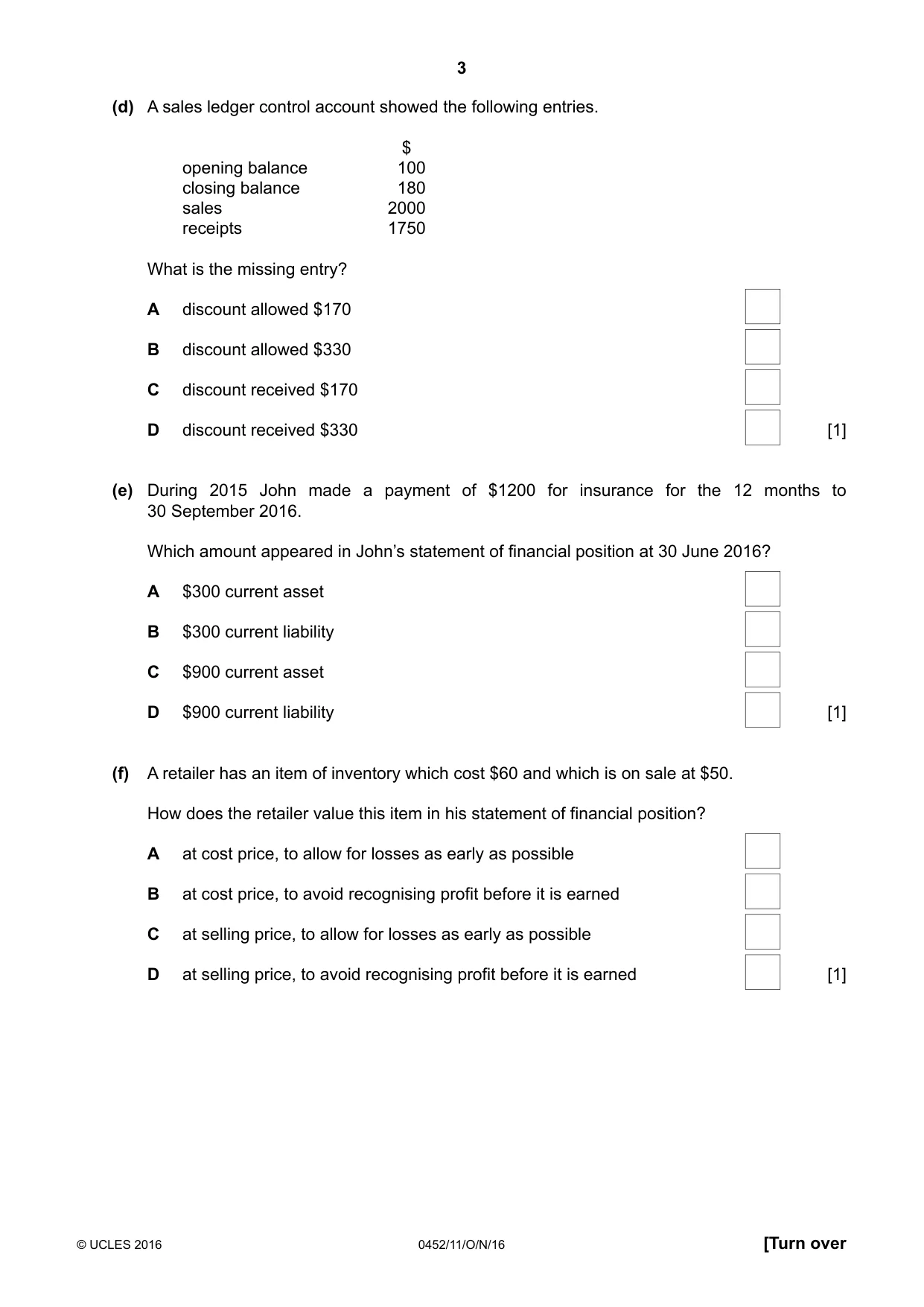 Cambridge IGCSE Accounting 0452 2016 Oct/Nov Paper 1 · Variant 1 question paper, page 3 of 20