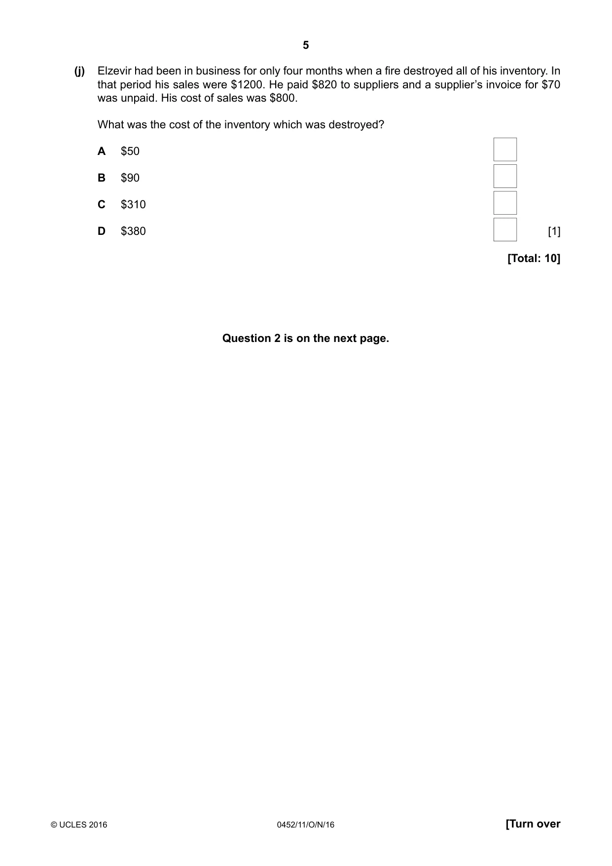 Cambridge IGCSE Accounting 0452 2016 Oct/Nov Paper 1 · Variant 1 question paper, page 5 of 20