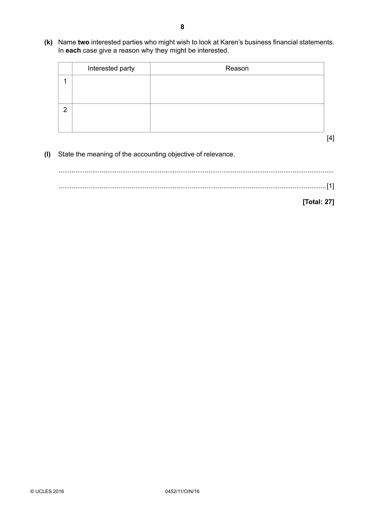 Cambridge IGCSE Accounting 0452 2016 Oct/Nov Paper 1 · Variant 1 question paper, page 8 of 20