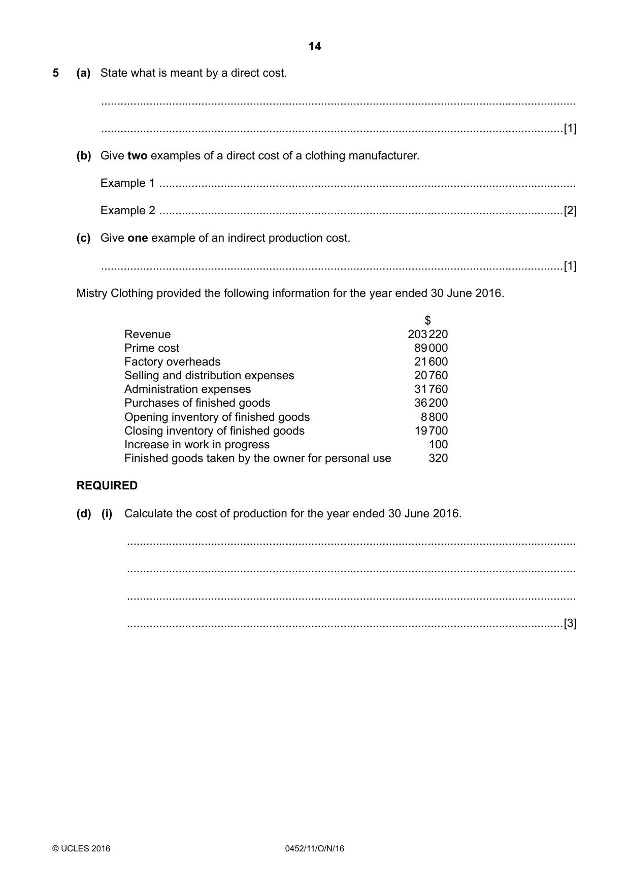 Cambridge IGCSE Accounting 0452 2016 Oct/Nov Paper 1 · Variant 1 question paper, page 14 of 20