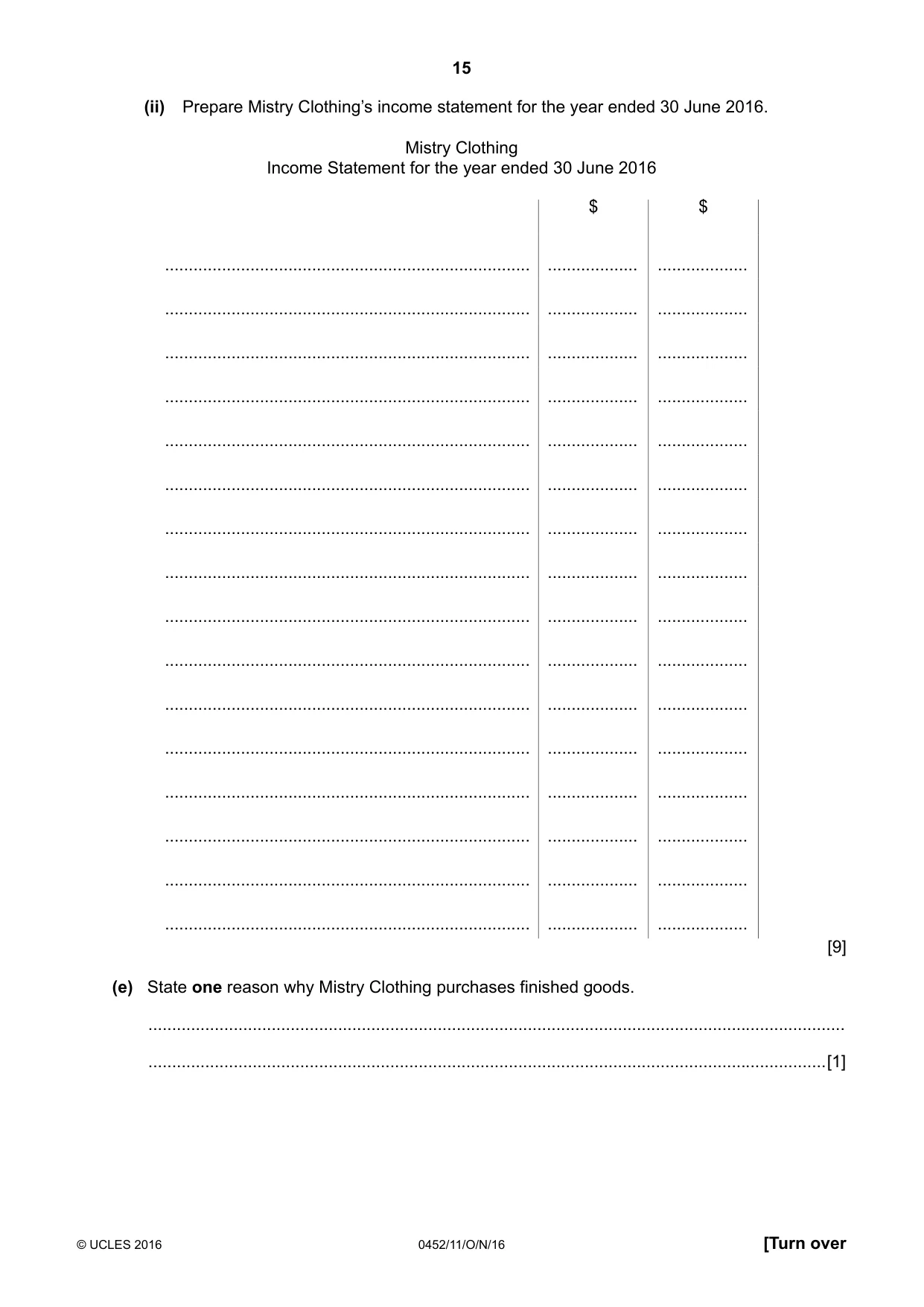 Cambridge IGCSE Accounting 0452 2016 Oct/Nov Paper 1 · Variant 1 question paper, page 15 of 20