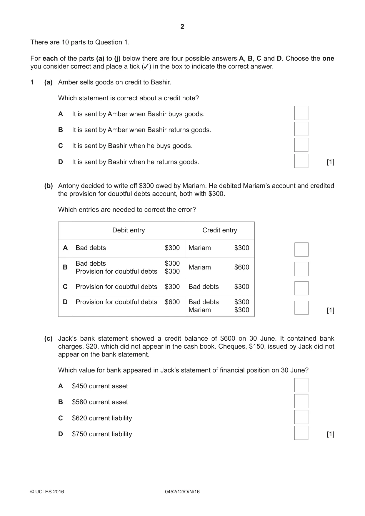 Cambridge IGCSE Accounting 0452 2016 Oct/Nov Paper 1 · Variant 2 question paper, page 2 of 20