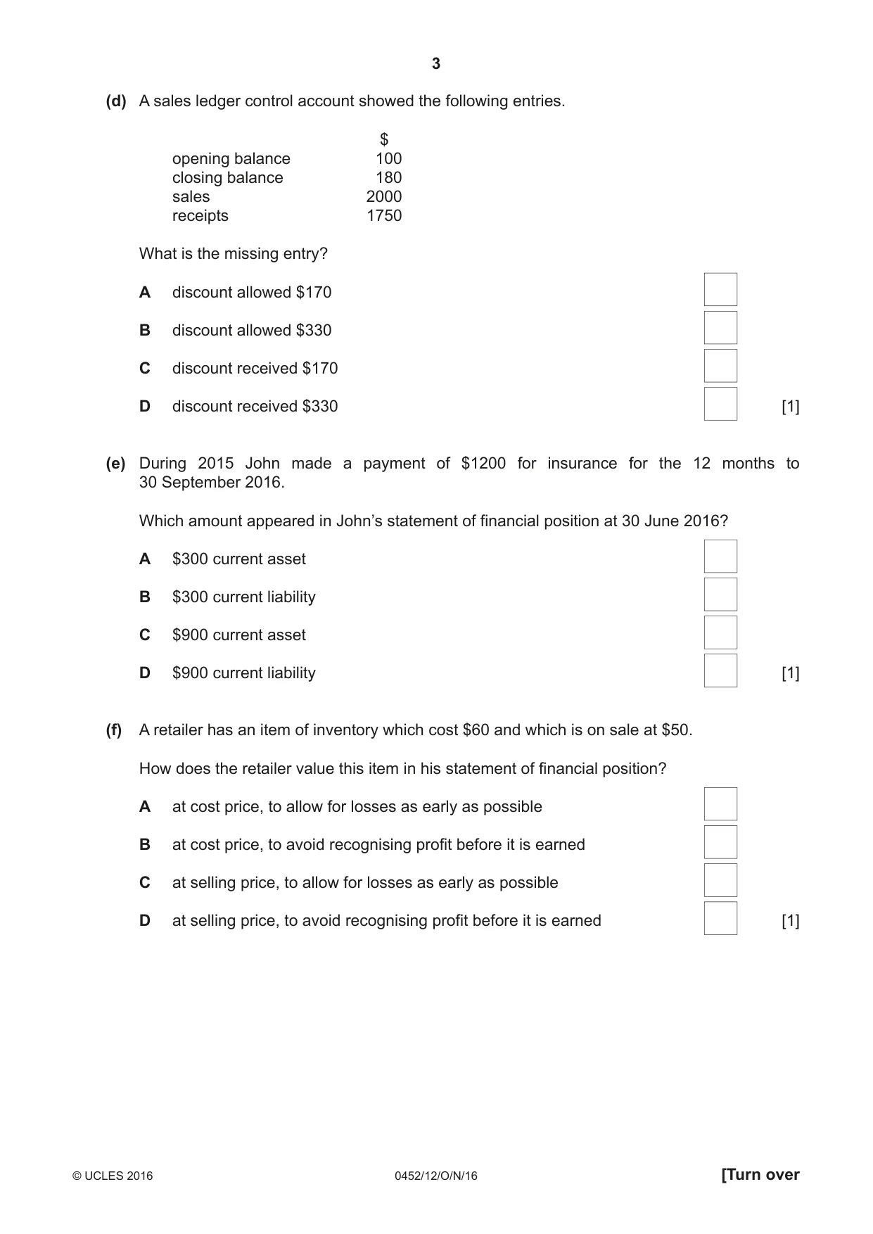 Cambridge IGCSE Accounting 0452 2016 Oct/Nov Paper 1 · Variant 2 question paper, page 3 of 20