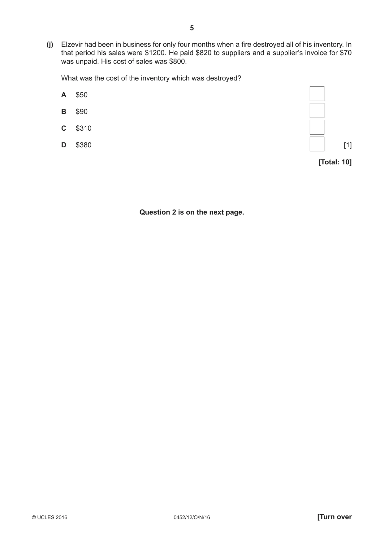Cambridge IGCSE Accounting 0452 2016 Oct/Nov Paper 1 · Variant 2 question paper, page 5 of 20