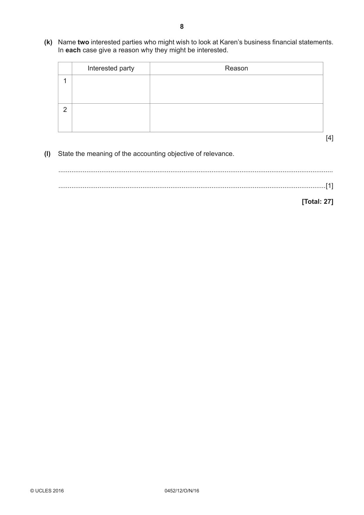 Cambridge IGCSE Accounting 0452 2016 Oct/Nov Paper 1 · Variant 2 question paper, page 8 of 20