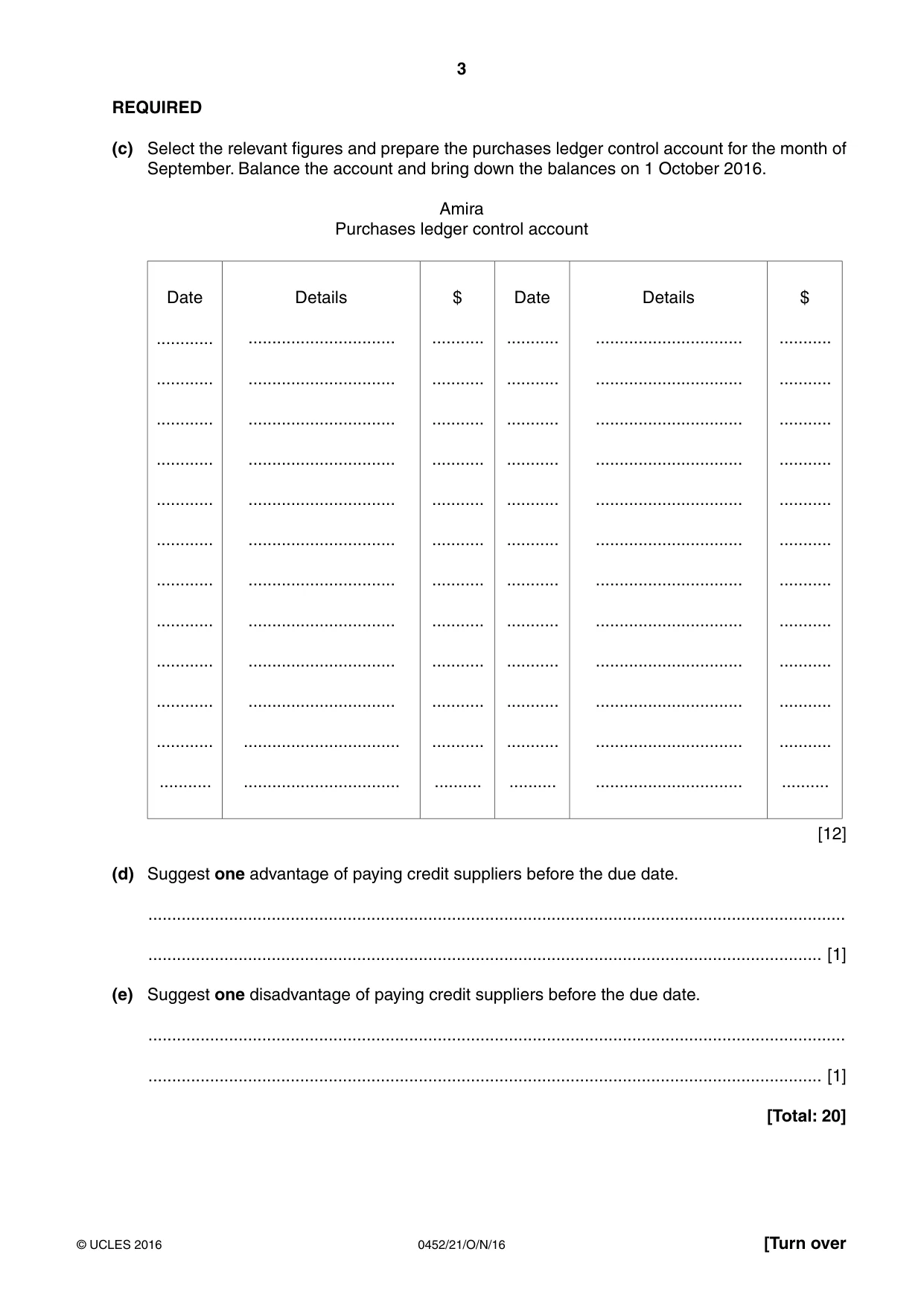 Cambridge IGCSE Accounting 0452 2016 Oct/Nov Paper 2 · Variant 1 question paper, page 3 of 20