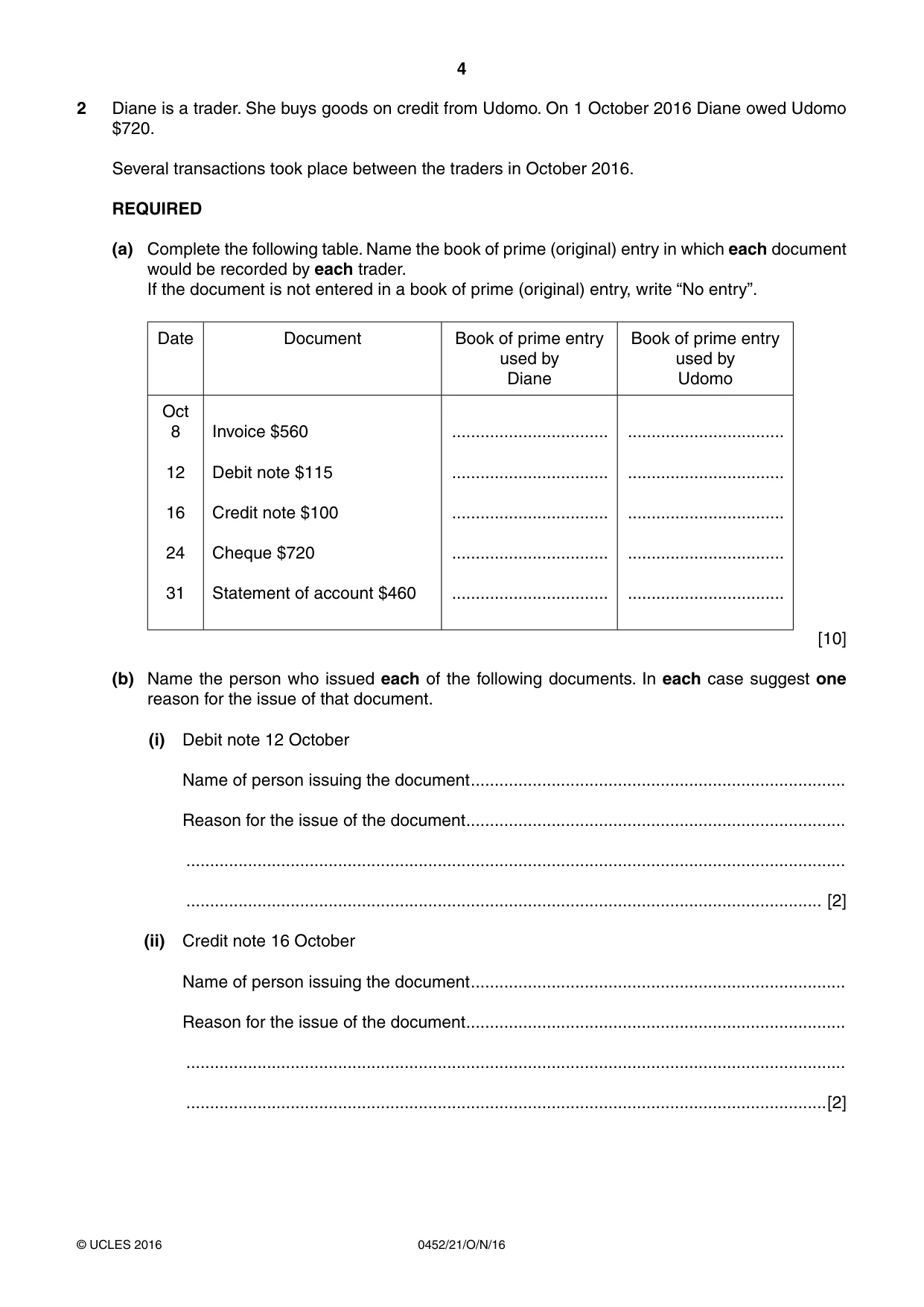 Cambridge IGCSE Accounting 0452 2016 Oct/Nov Paper 2 · Variant 1 question paper, page 4 of 20