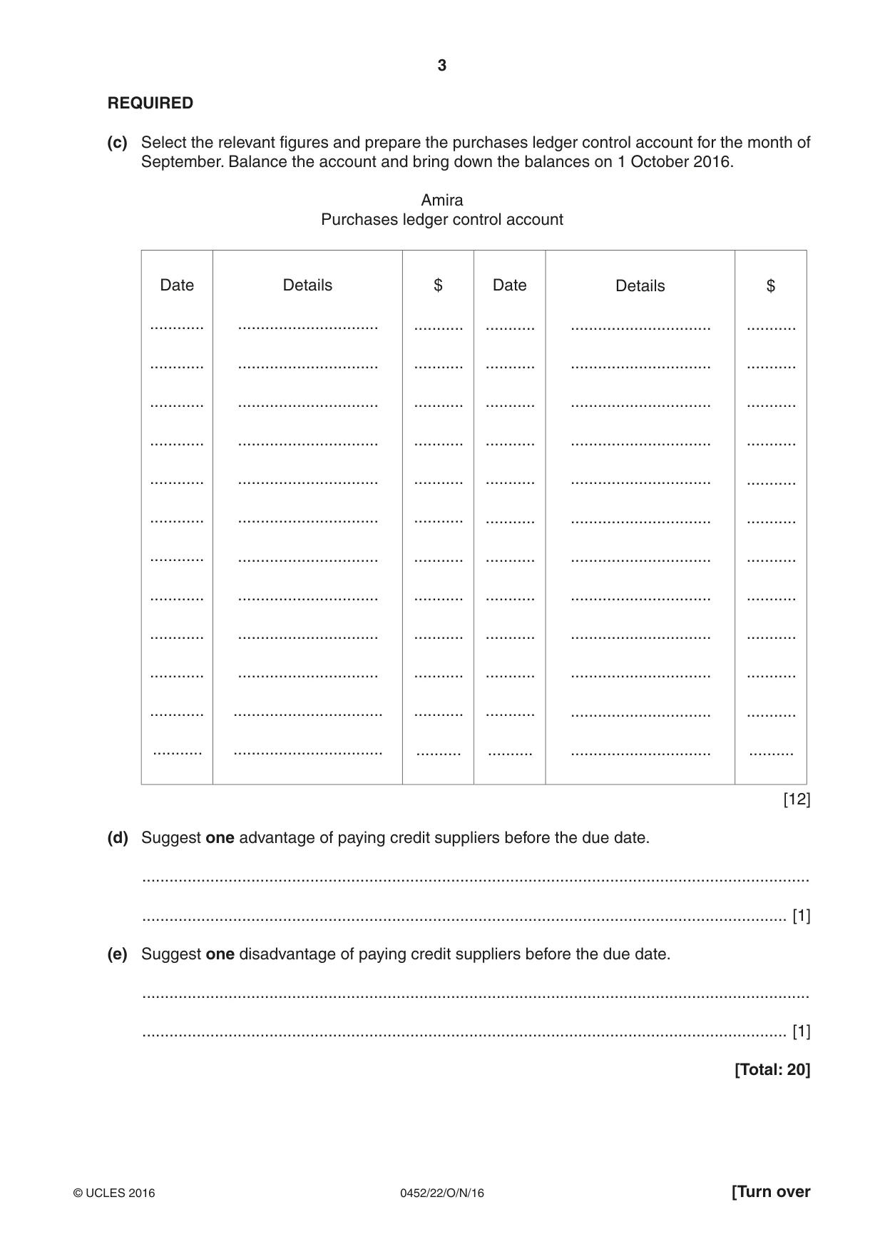 Cambridge IGCSE Accounting 0452 2016 Oct/Nov Paper 2 · Variant 2 question paper, page 3 of 20