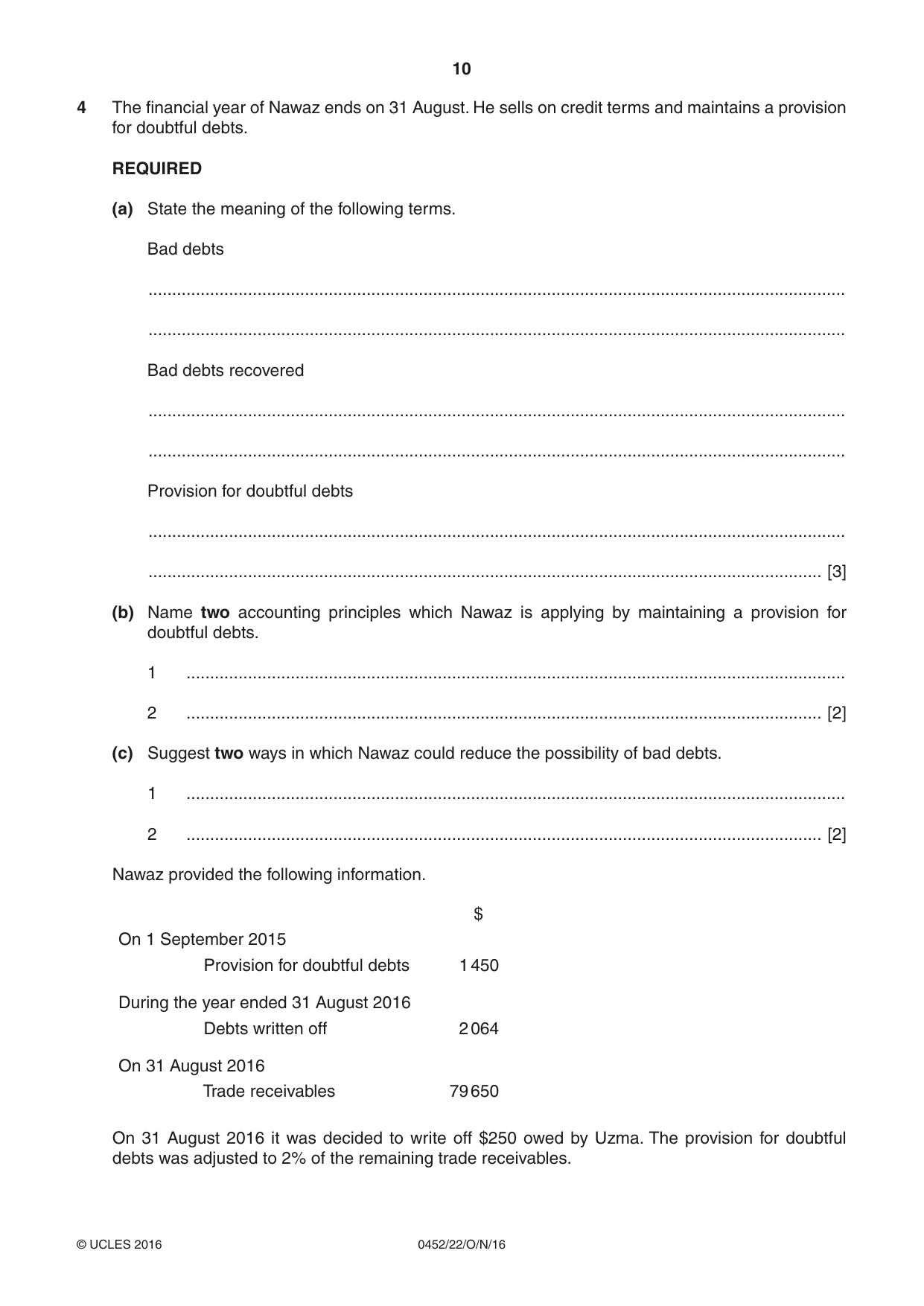 Cambridge IGCSE Accounting 0452 2016 Oct/Nov Paper 2 · Variant 2 question paper, page 10 of 20