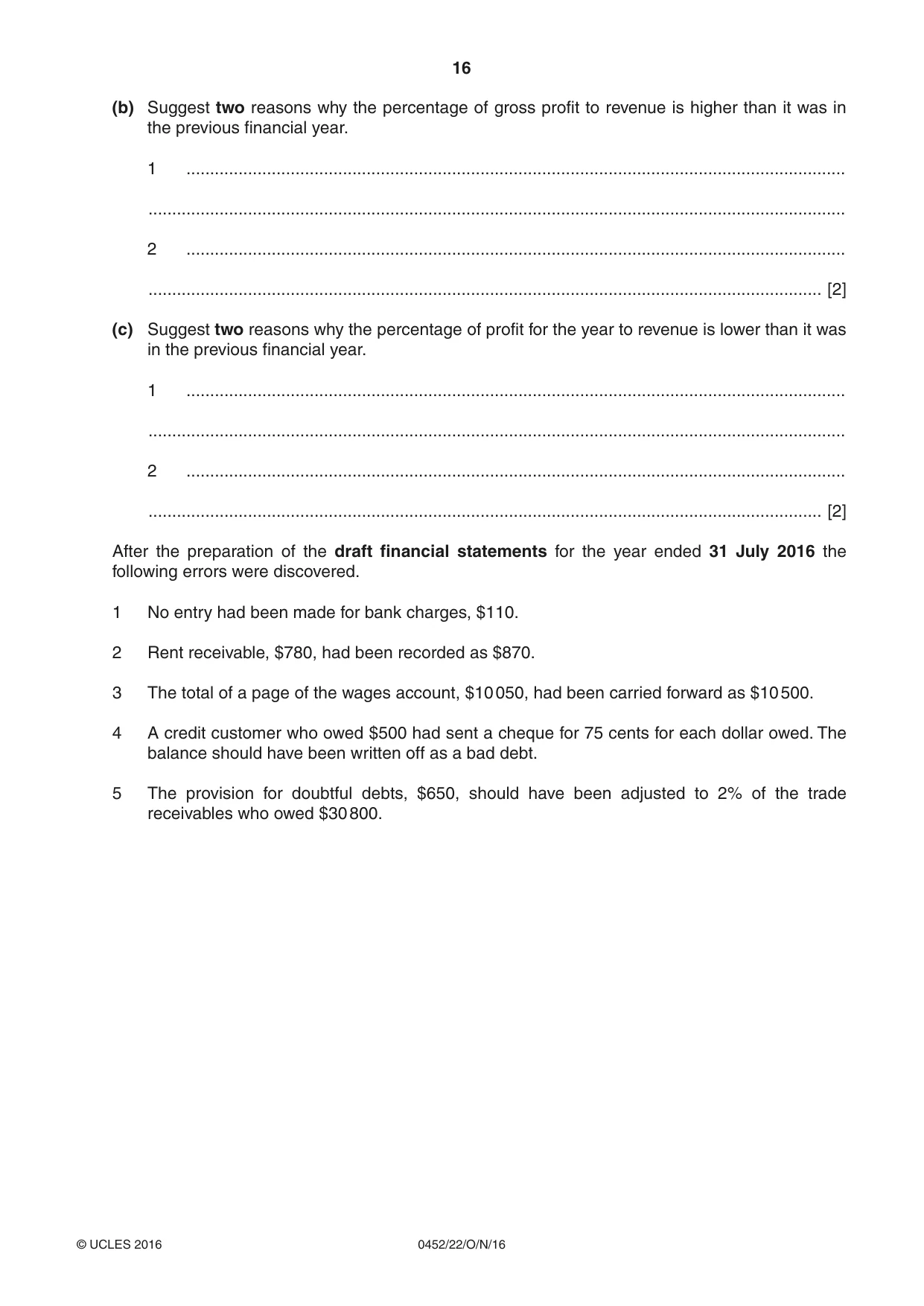 Cambridge IGCSE Accounting 0452 2016 Oct/Nov Paper 2 · Variant 2 question paper, page 16 of 20