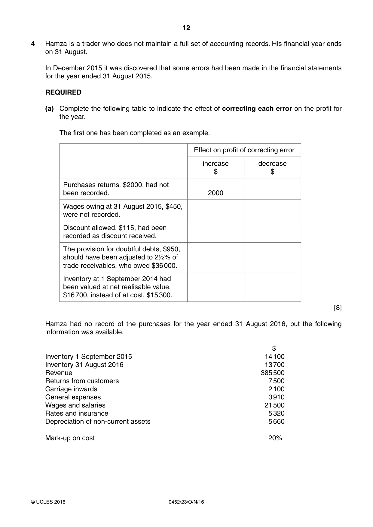 Cambridge IGCSE Accounting 0452 2016 Oct/Nov Paper 2 · Variant 3 question paper, page 12 of 20