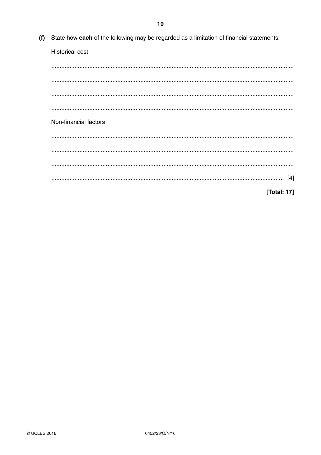 Cambridge IGCSE Accounting 0452 2016 Oct/Nov Paper 2 · Variant 3 question paper, page 19 of 20
