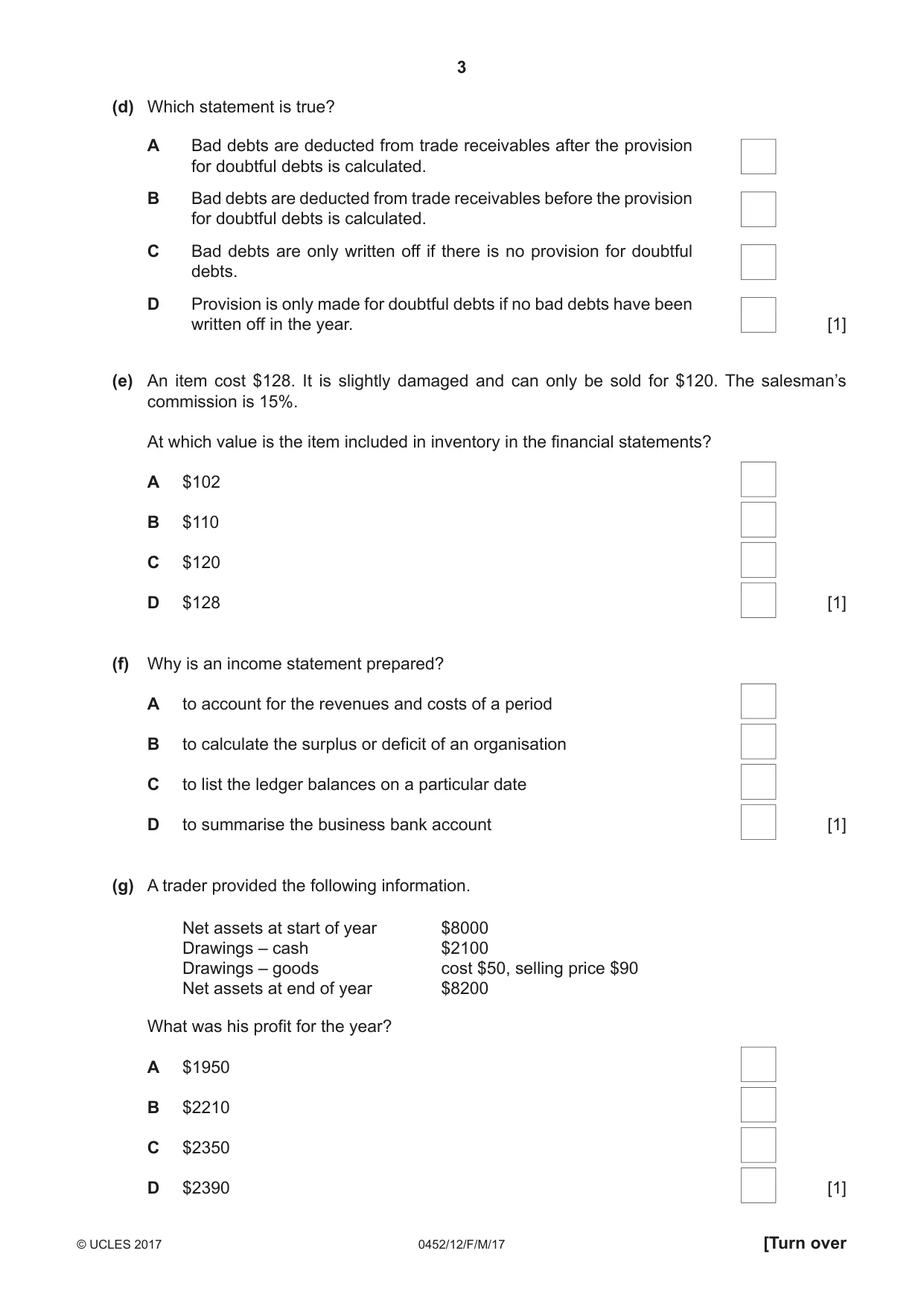 Cambridge IGCSE Accounting 0452 2017 Feb/March Paper 1 · Variant 2 question paper, page 3 of 20