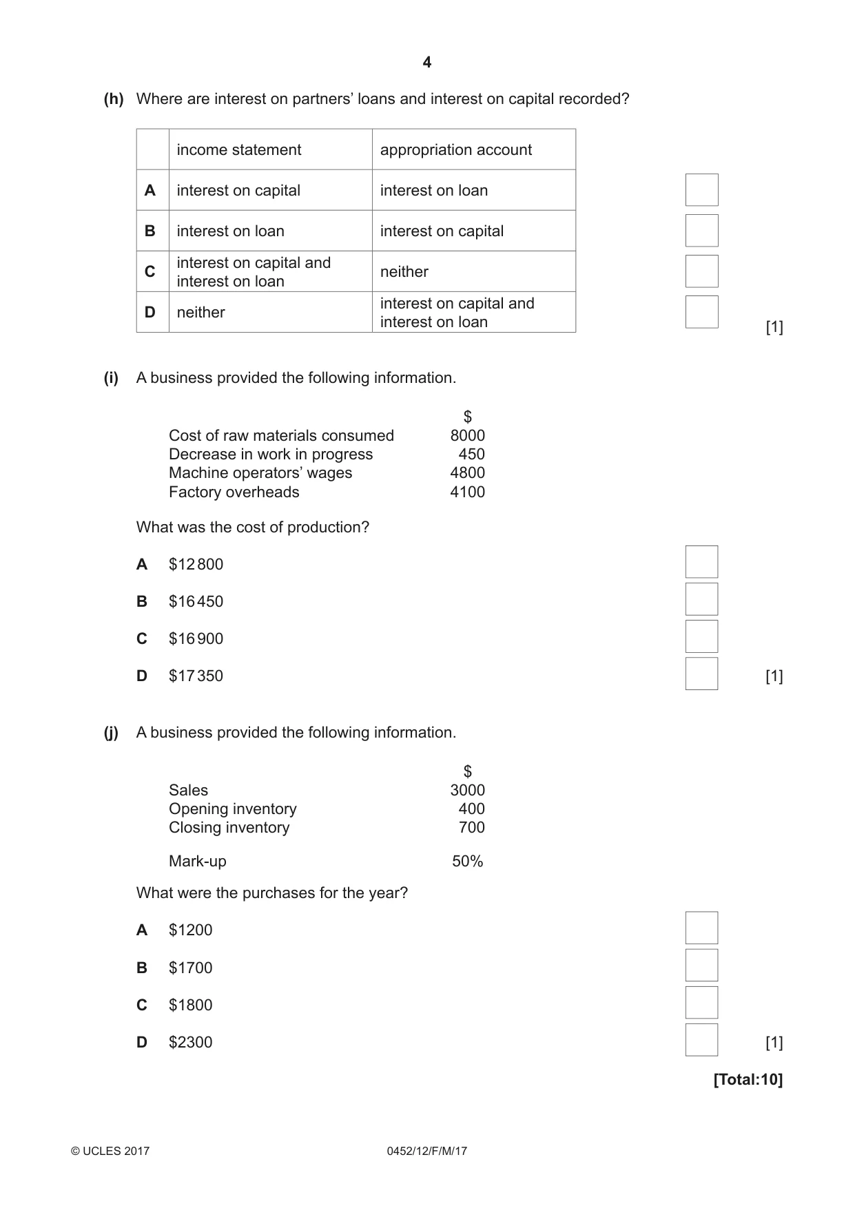 Cambridge IGCSE Accounting 0452 2017 Feb/March Paper 1 · Variant 2 question paper, page 4 of 20