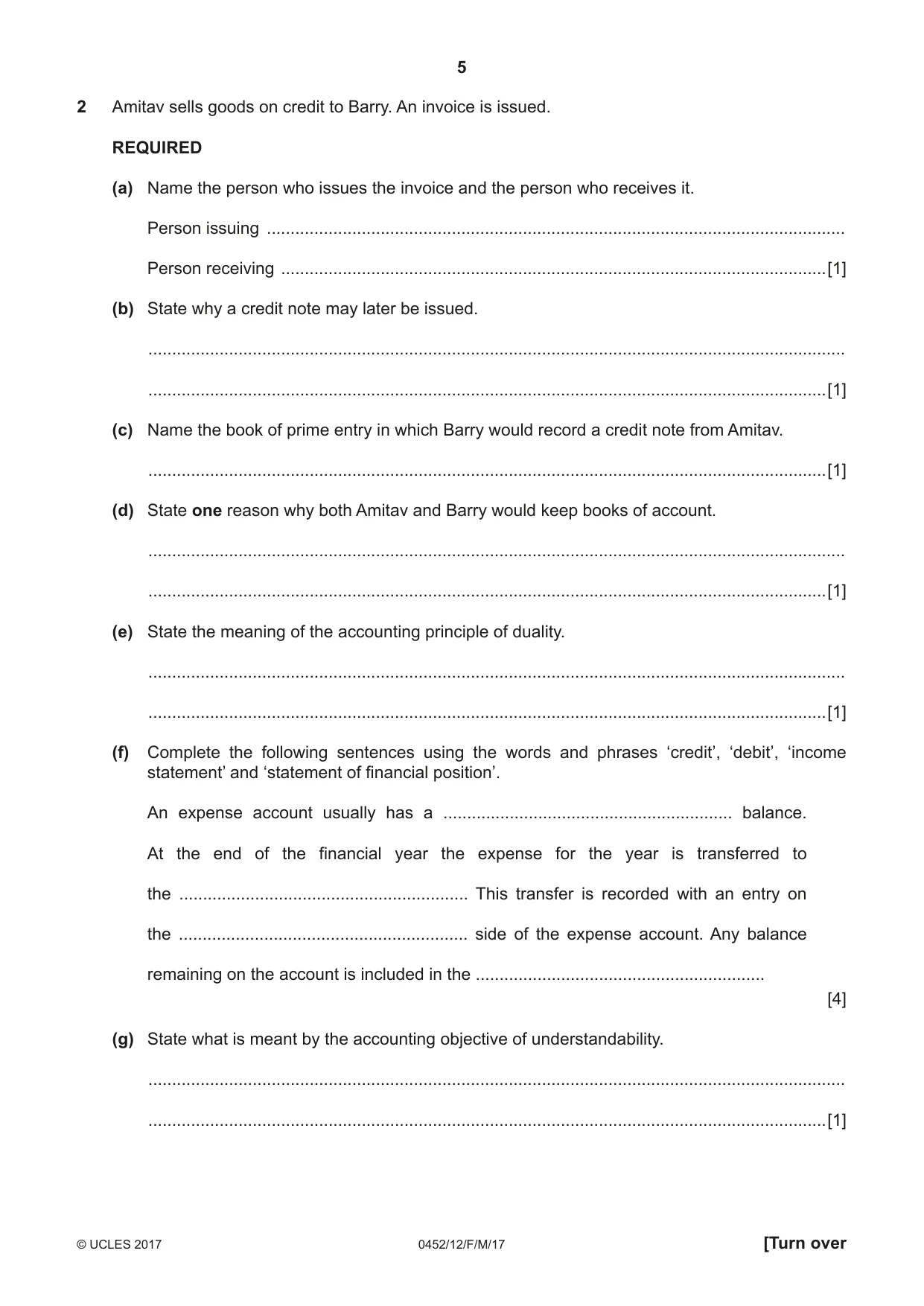 Cambridge IGCSE Accounting 0452 2017 Feb/March Paper 1 · Variant 2 question paper, page 5 of 20