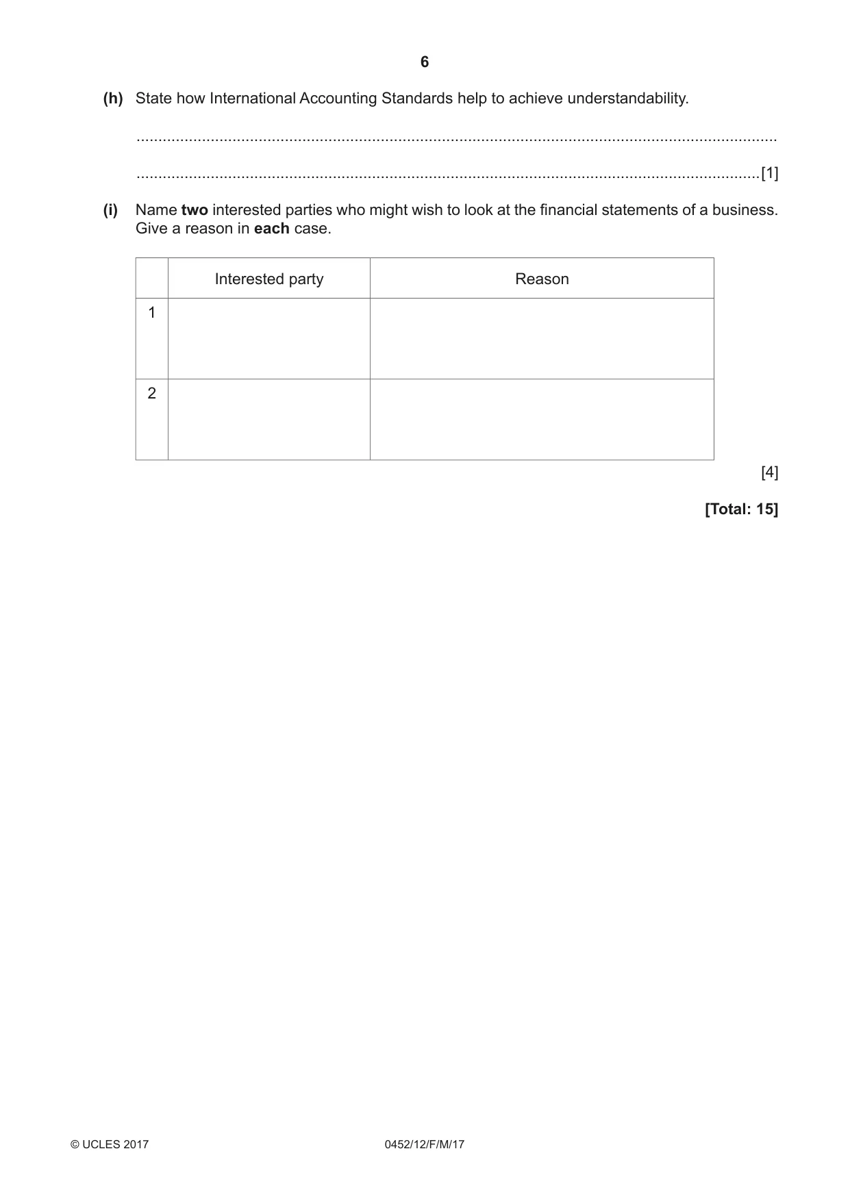 Cambridge IGCSE Accounting 0452 2017 Feb/March Paper 1 · Variant 2 question paper, page 6 of 20