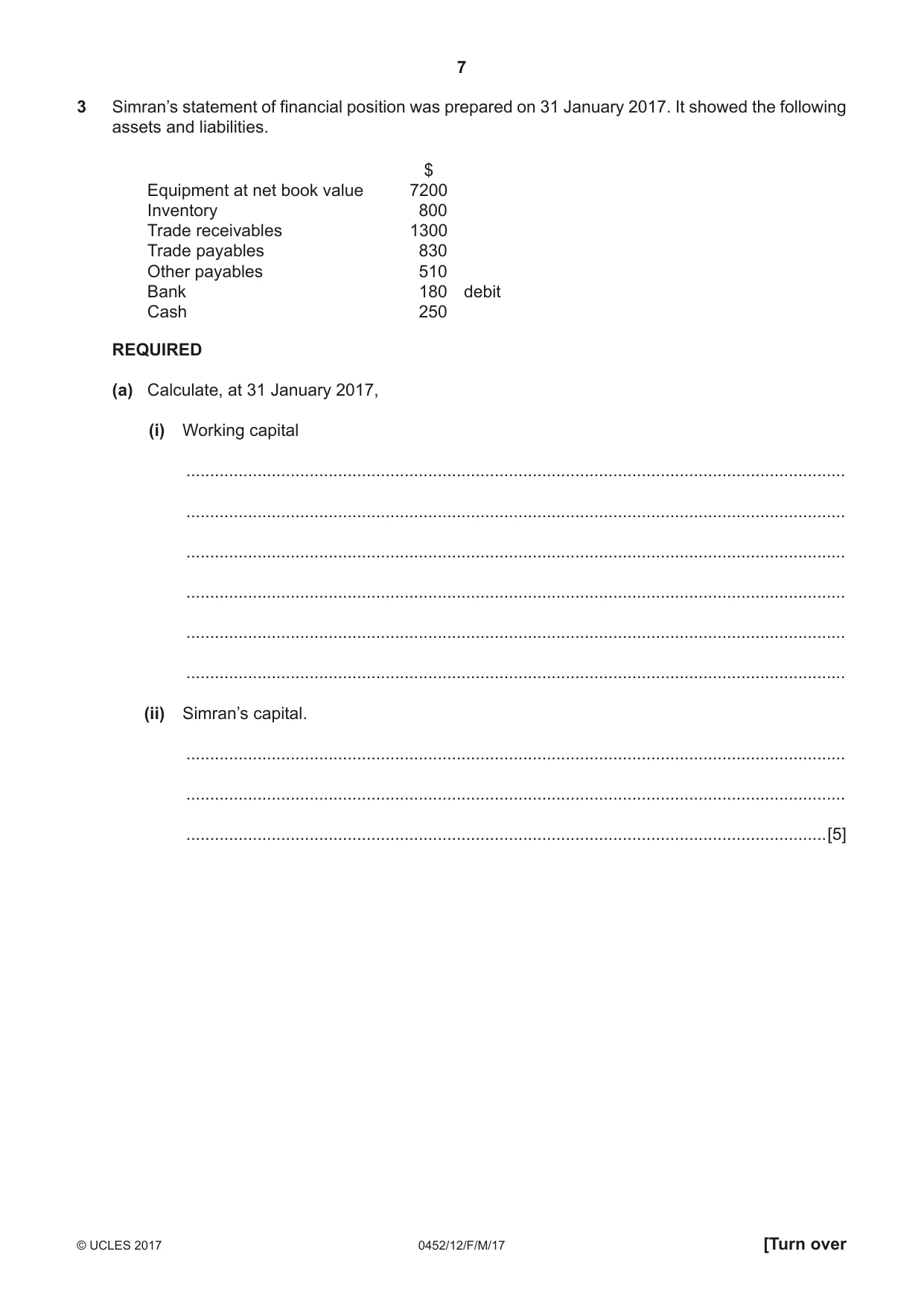 Cambridge IGCSE Accounting 0452 2017 Feb/March Paper 1 · Variant 2 question paper, page 7 of 20