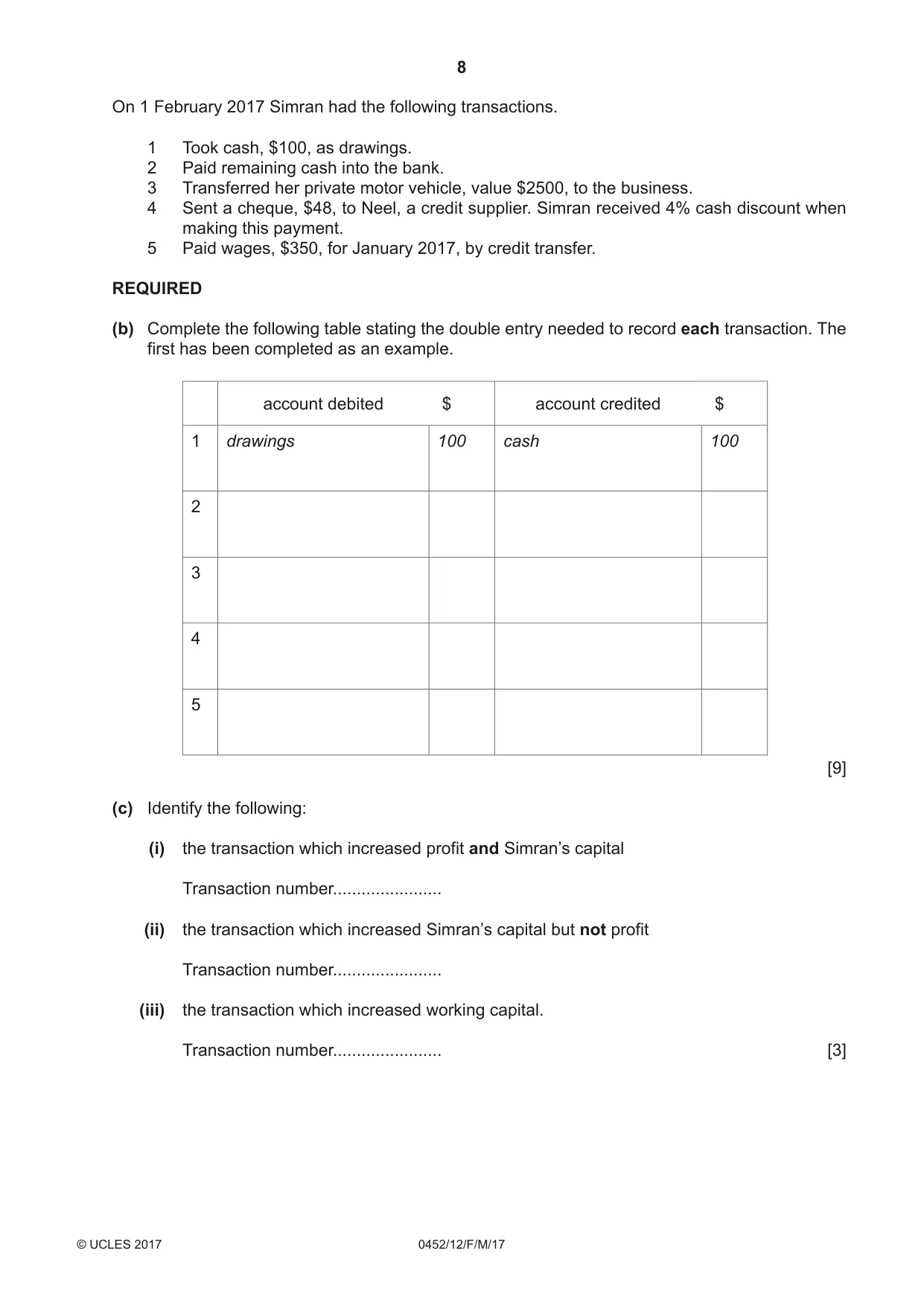 Cambridge IGCSE Accounting 0452 2017 Feb/March Paper 1 · Variant 2 question paper, page 8 of 20