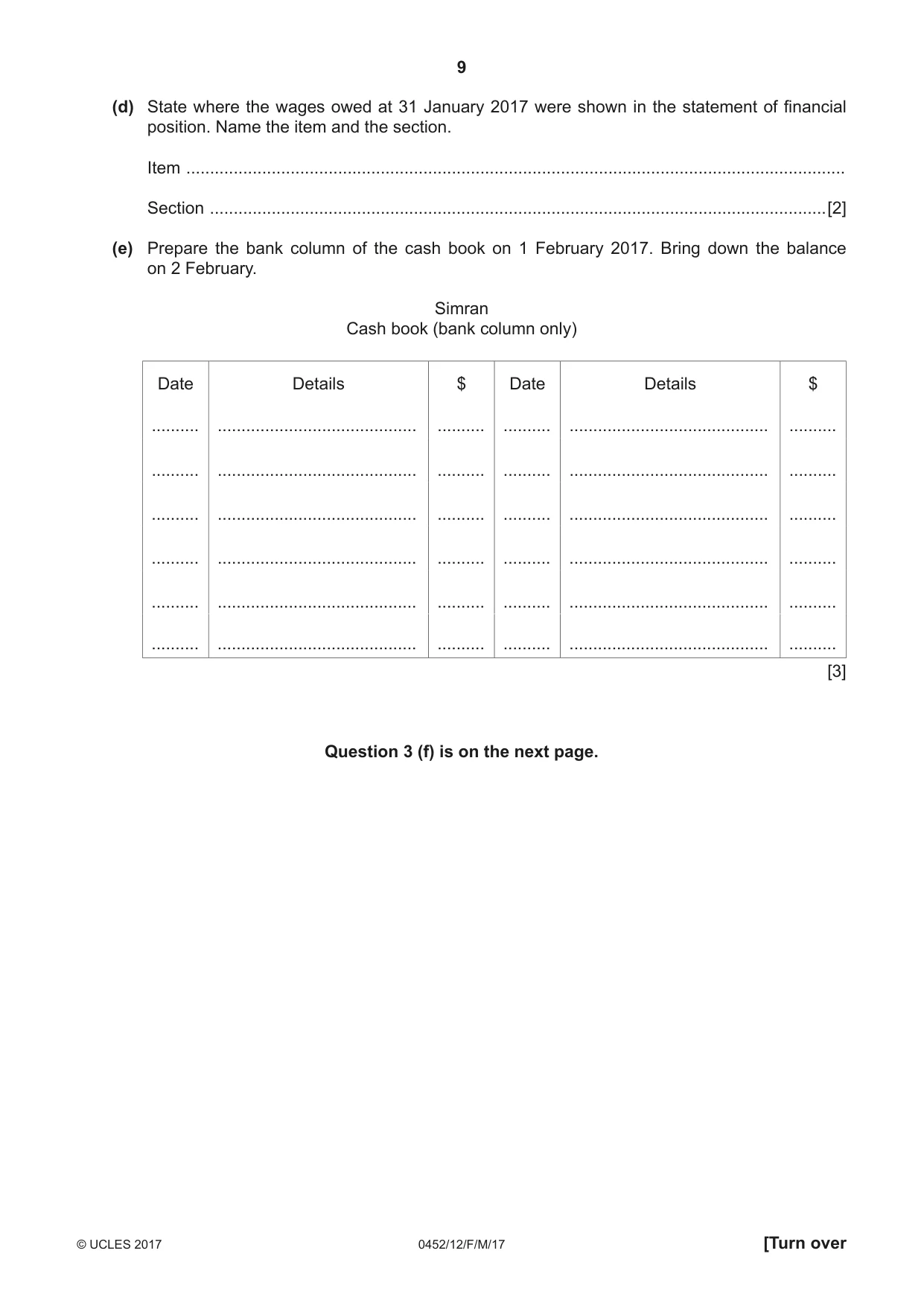 Cambridge IGCSE Accounting 0452 2017 Feb/March Paper 1 · Variant 2 question paper, page 9 of 20