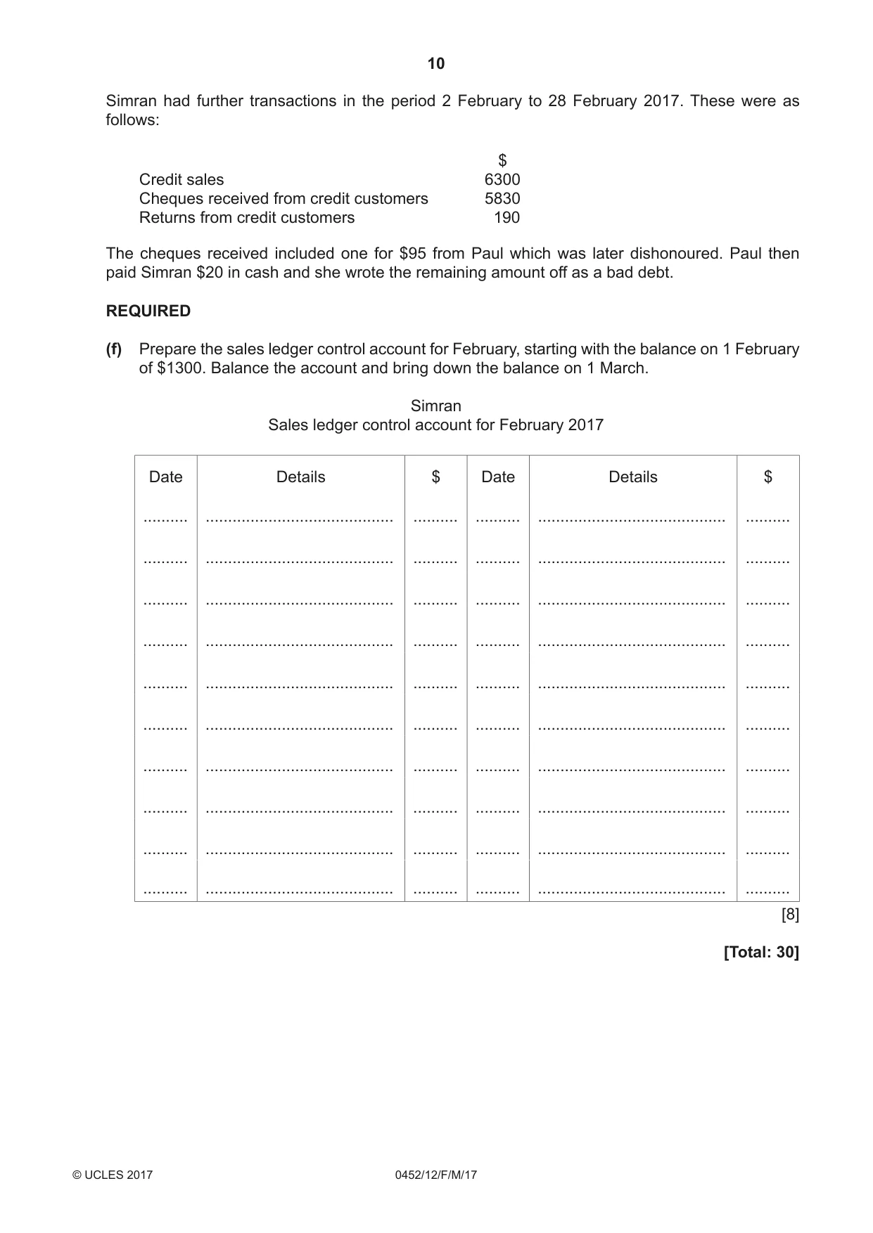 Cambridge IGCSE Accounting 0452 2017 Feb/March Paper 1 · Variant 2 question paper, page 10 of 20