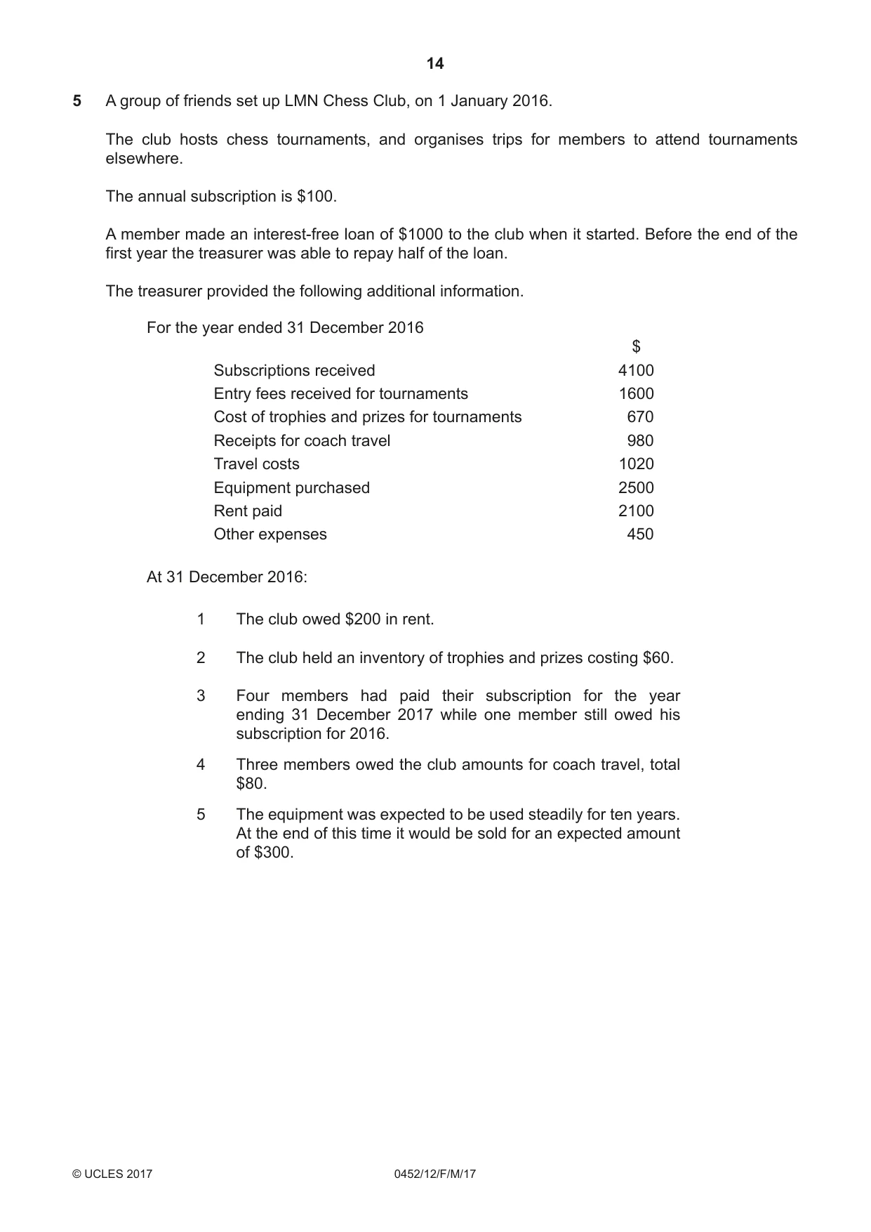 Cambridge IGCSE Accounting 0452 2017 Feb/March Paper 1 · Variant 2 question paper, page 14 of 20