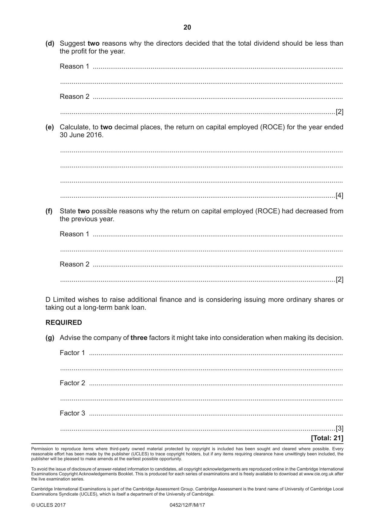 Cambridge IGCSE Accounting 0452 2017 Feb/March Paper 1 · Variant 2 question paper, page 20 of 20