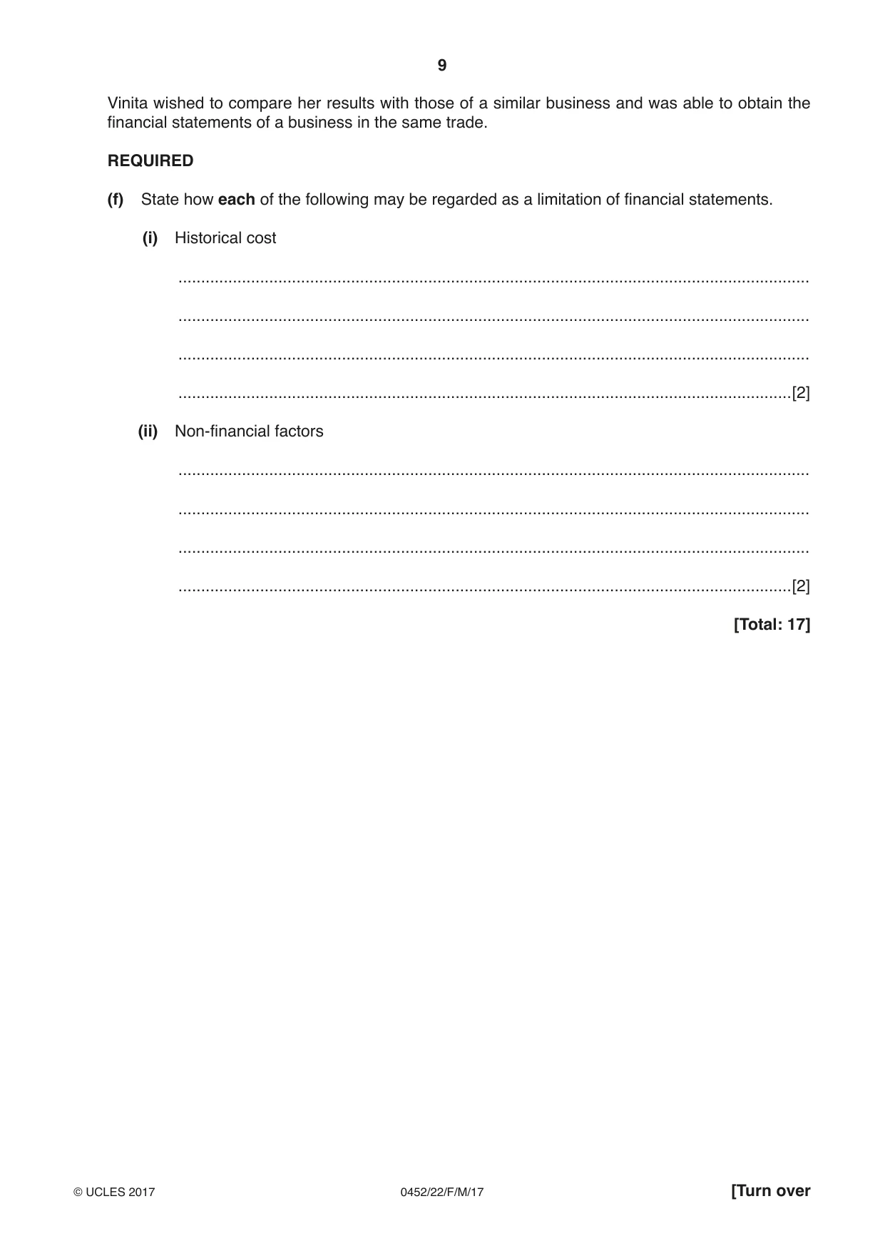 Cambridge IGCSE Accounting 0452 2017 Feb/March Paper 2 · Variant 2 question paper, page 9 of 24
