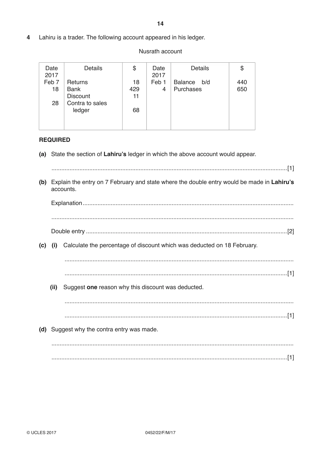 Cambridge IGCSE Accounting 0452 2017 Feb/March Paper 2 · Variant 2 question paper, page 14 of 24