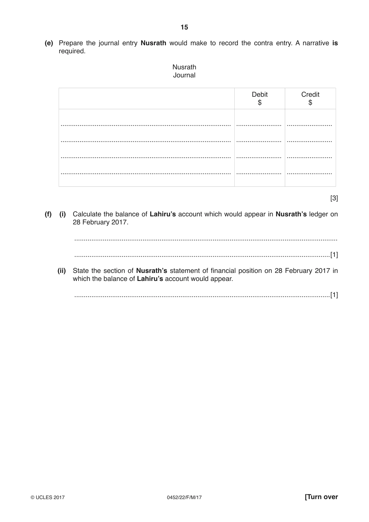 Cambridge IGCSE Accounting 0452 2017 Feb/March Paper 2 · Variant 2 question paper, page 15 of 24
