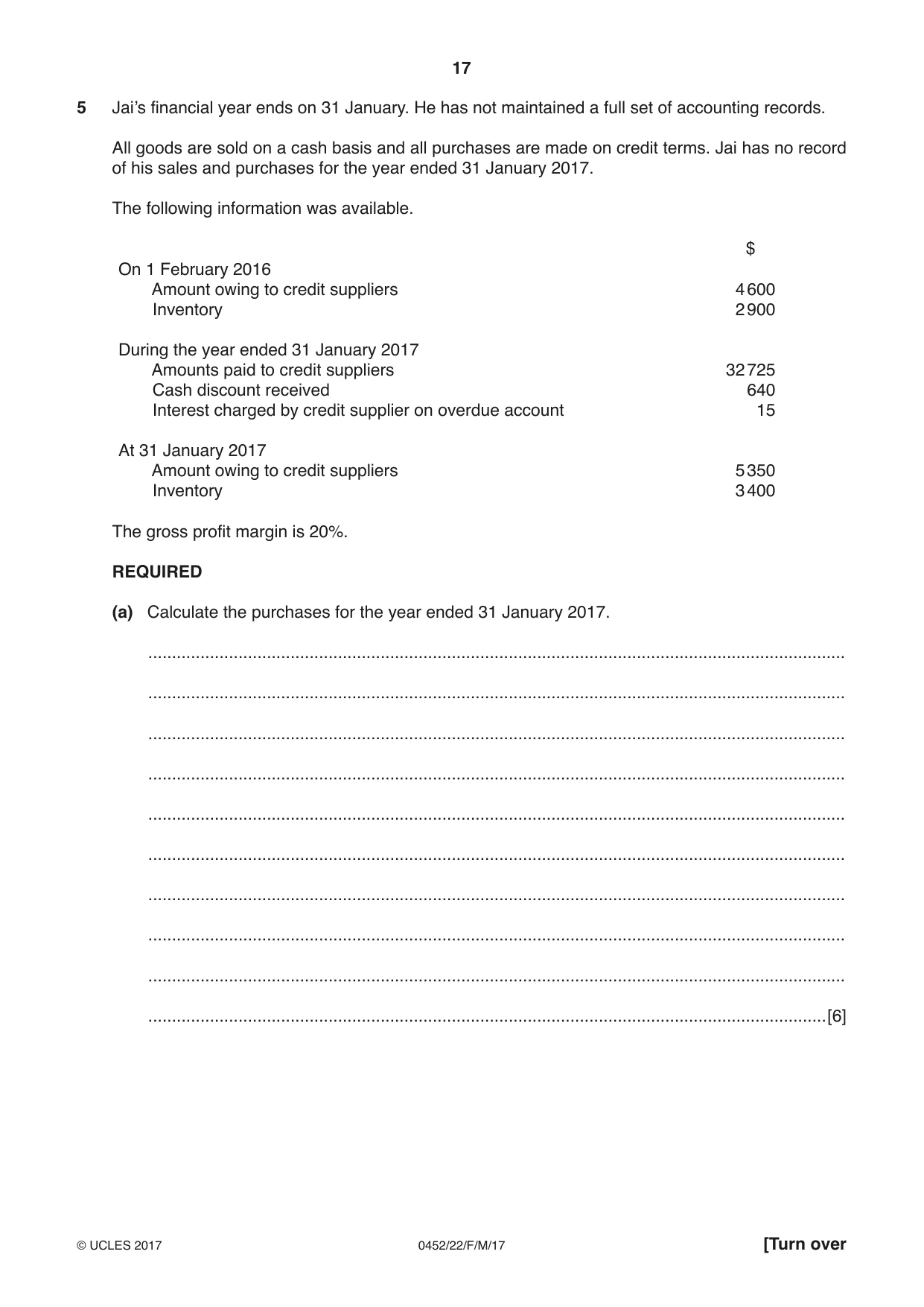 Cambridge IGCSE Accounting 0452 2017 Feb/March Paper 2 · Variant 2 question paper, page 17 of 24