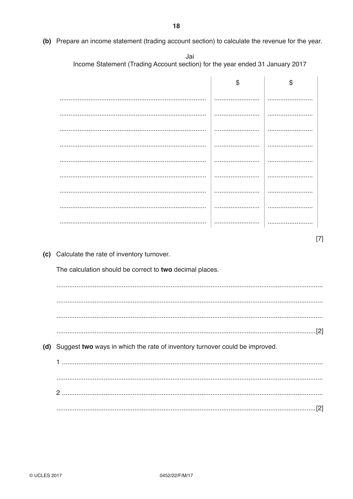 Cambridge IGCSE Accounting 0452 2017 Feb/March Paper 2 · Variant 2 question paper, page 18 of 24