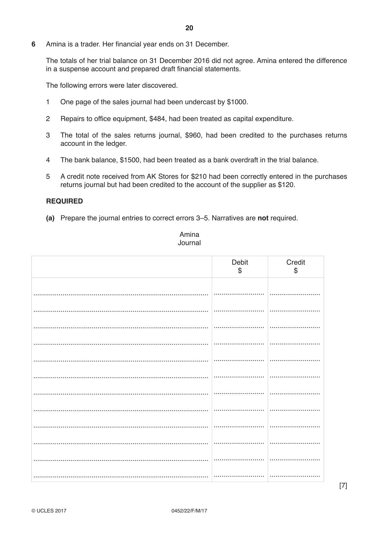 Cambridge IGCSE Accounting 0452 2017 Feb/March Paper 2 · Variant 2 question paper, page 20 of 24