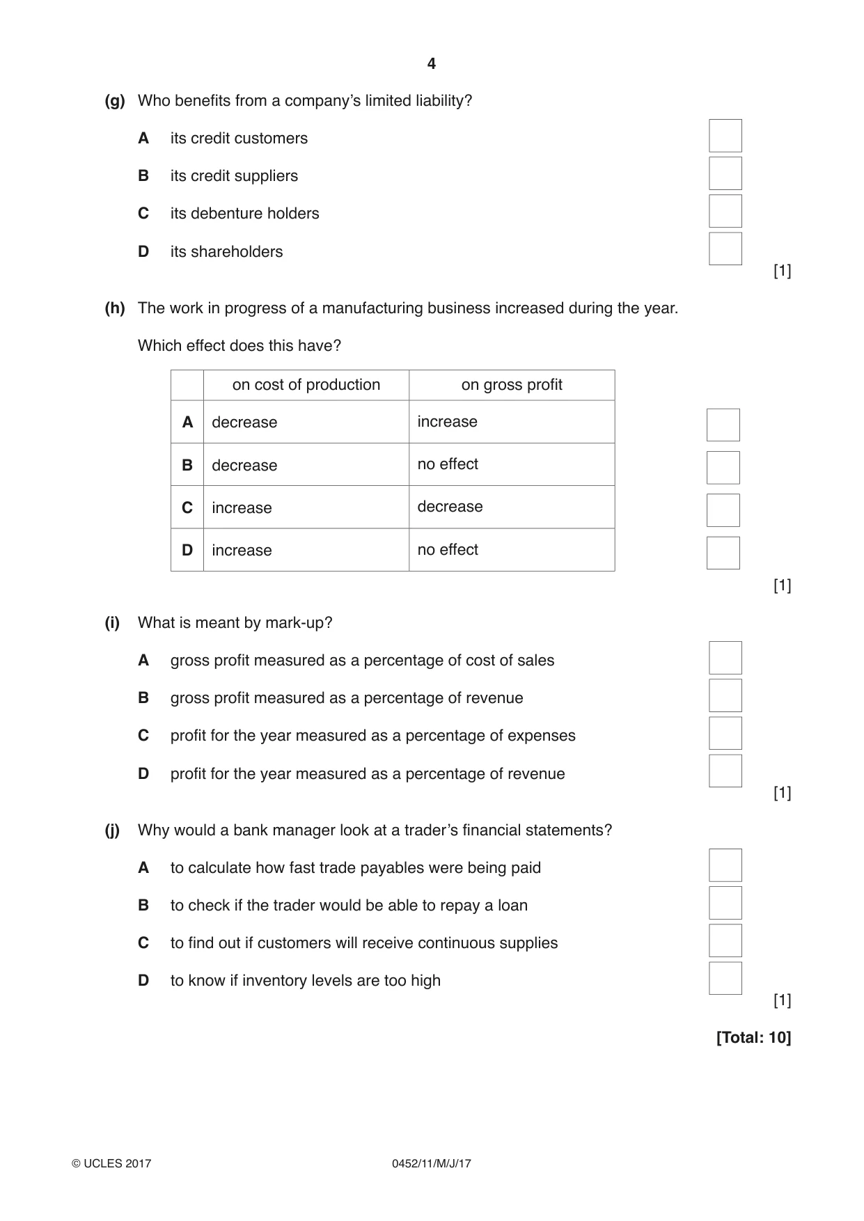 Cambridge IGCSE Accounting 0452 2017 May/June Paper 1 · Variant 1 question paper, page 4 of 20