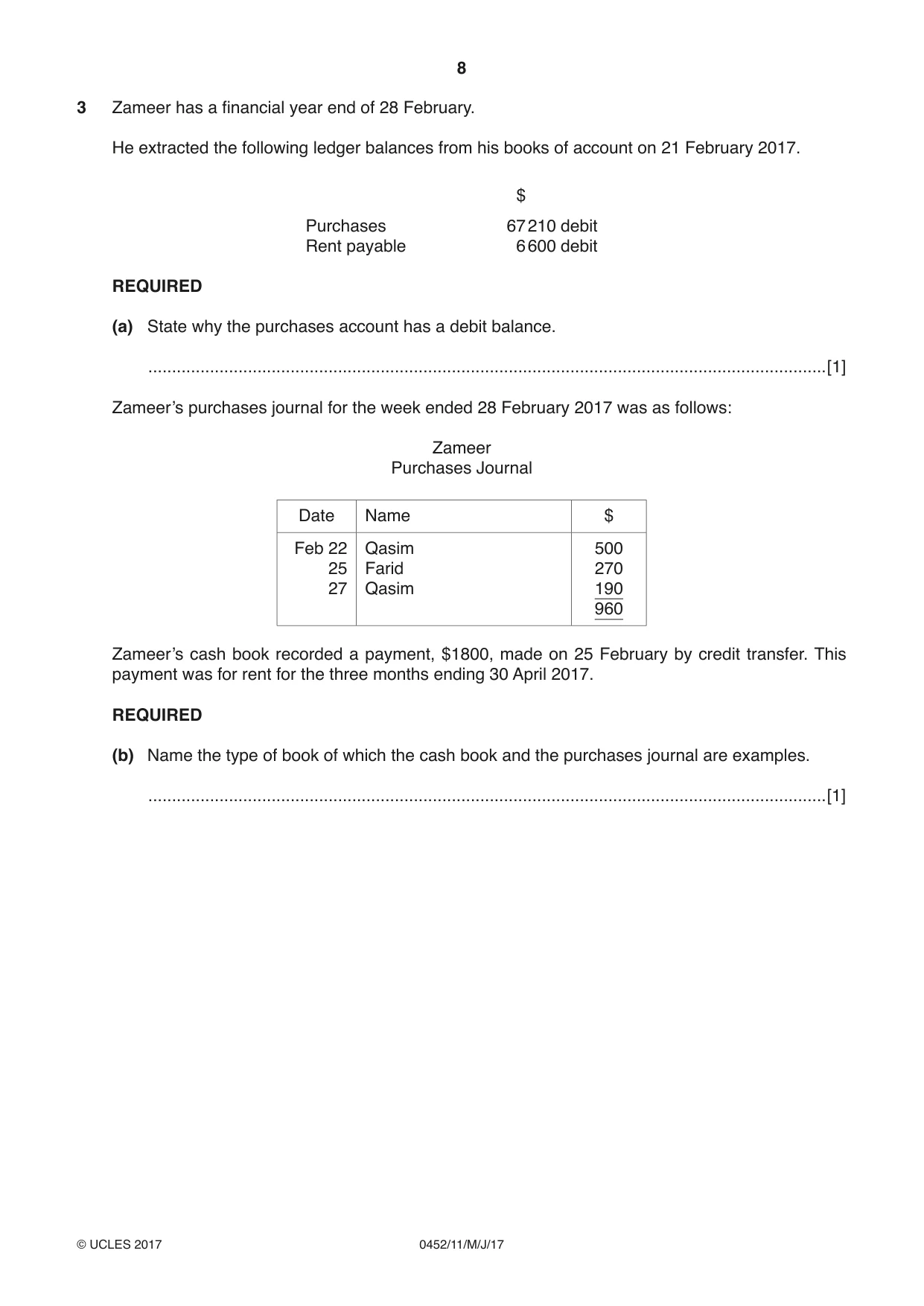 Cambridge IGCSE Accounting 0452 2017 May/June Paper 1 · Variant 1 question paper, page 8 of 20