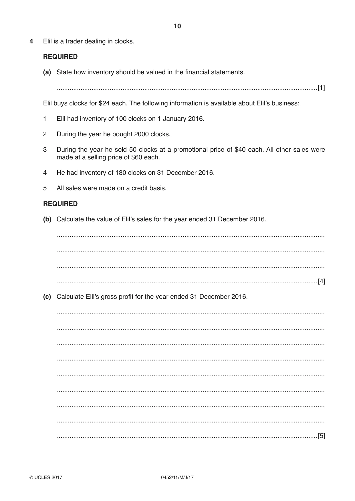 Cambridge IGCSE Accounting 0452 2017 May/June Paper 1 · Variant 1 question paper, page 10 of 20