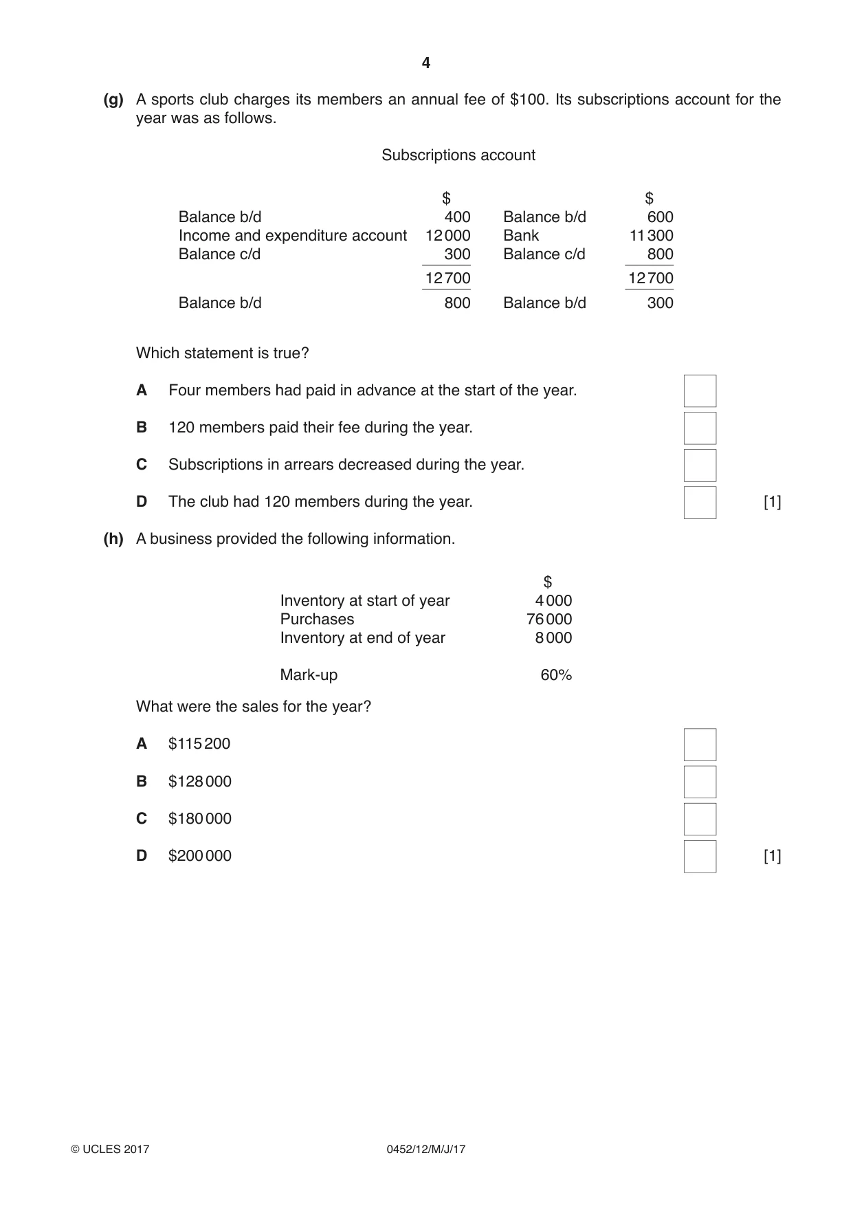 Cambridge IGCSE Accounting 0452 2017 May/June Paper 1 · Variant 2 question paper, page 4 of 20