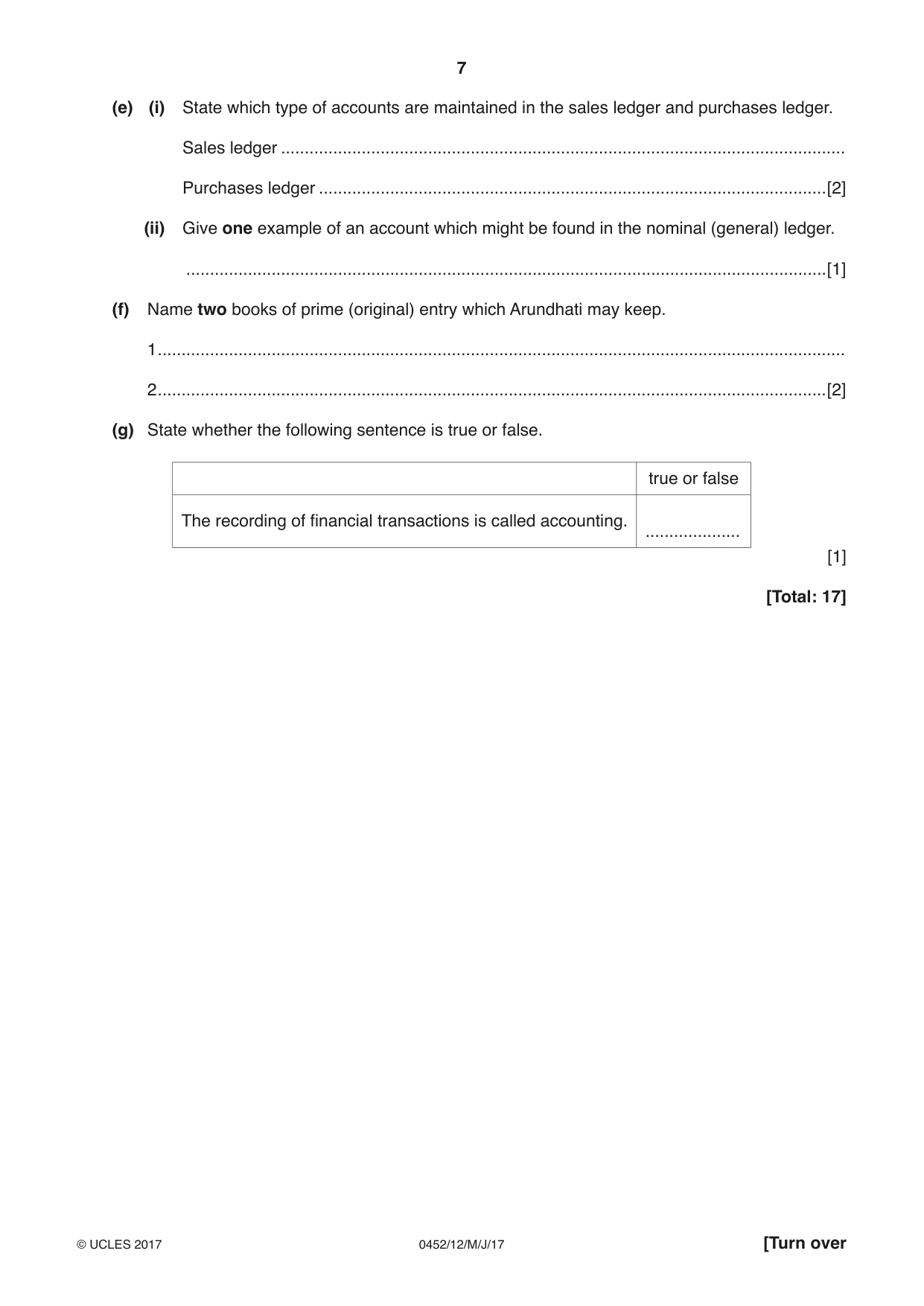 Cambridge IGCSE Accounting 0452 2017 May/June Paper 1 · Variant 2 question paper, page 7 of 20