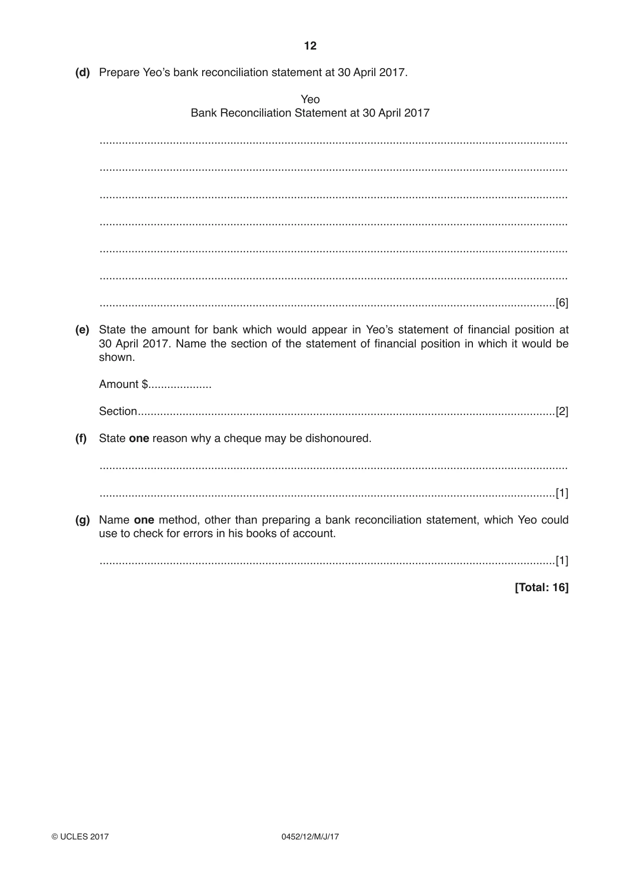 Cambridge IGCSE Accounting 0452 2017 May/June Paper 1 · Variant 2 question paper, page 12 of 20